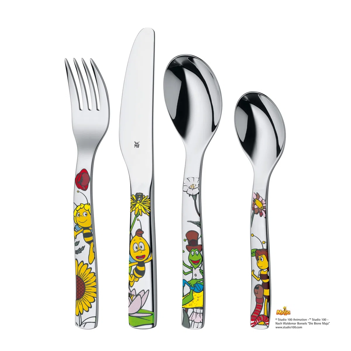 WMF Set posate bimbini Ape Maya in Acciaio Inox 18/10 Cromargan, set 4 pezzi con Coltello, Forchetta, Cucchiaio e Cucchiaino