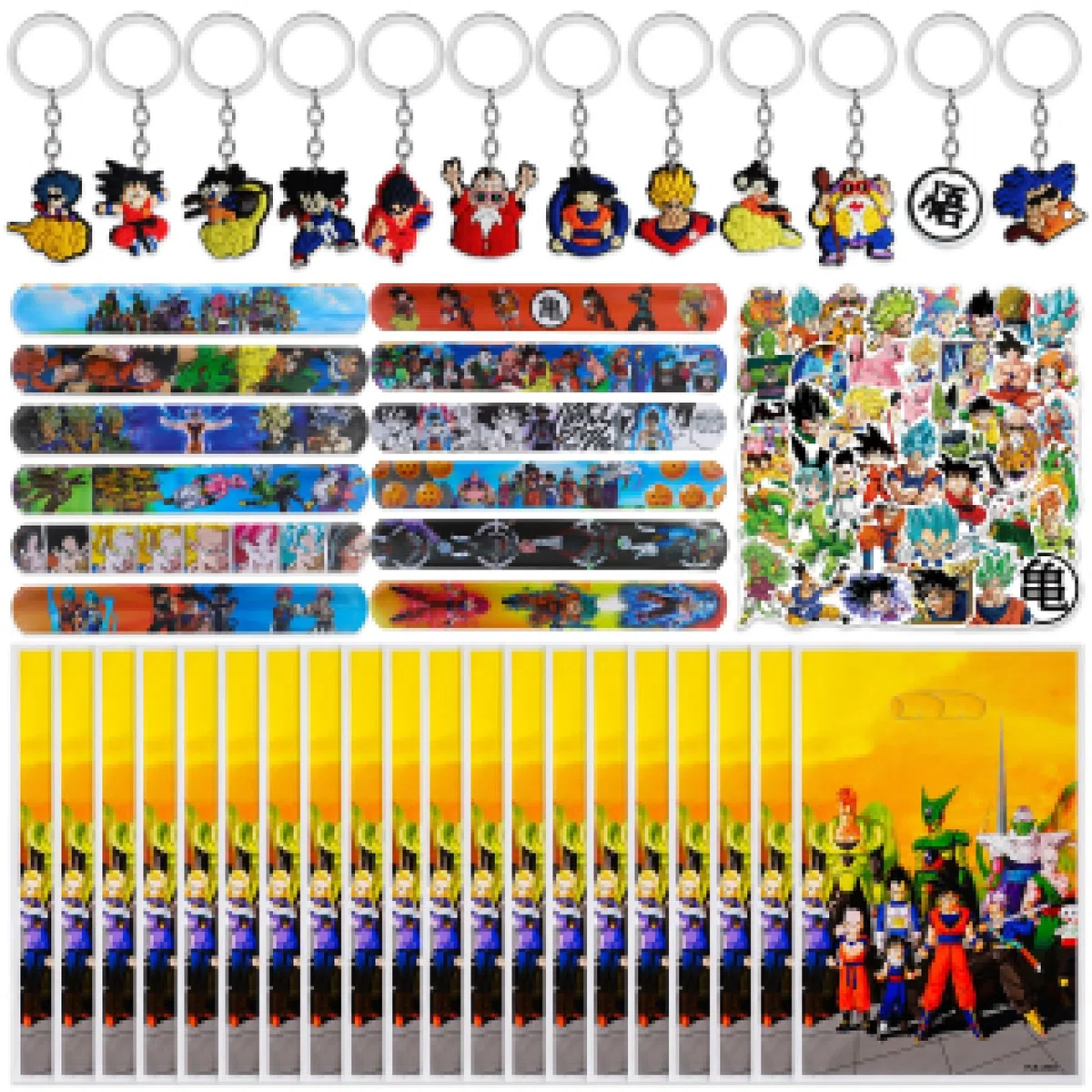 94 pezzi Set di articoli da regalo per feste, 20 sacchetti regalo Goku Party + 12 portachiavi + 12 braccialetti + 50 adesivi, per feste di compleanno per bambini, regali, omaggi, accessori per feste