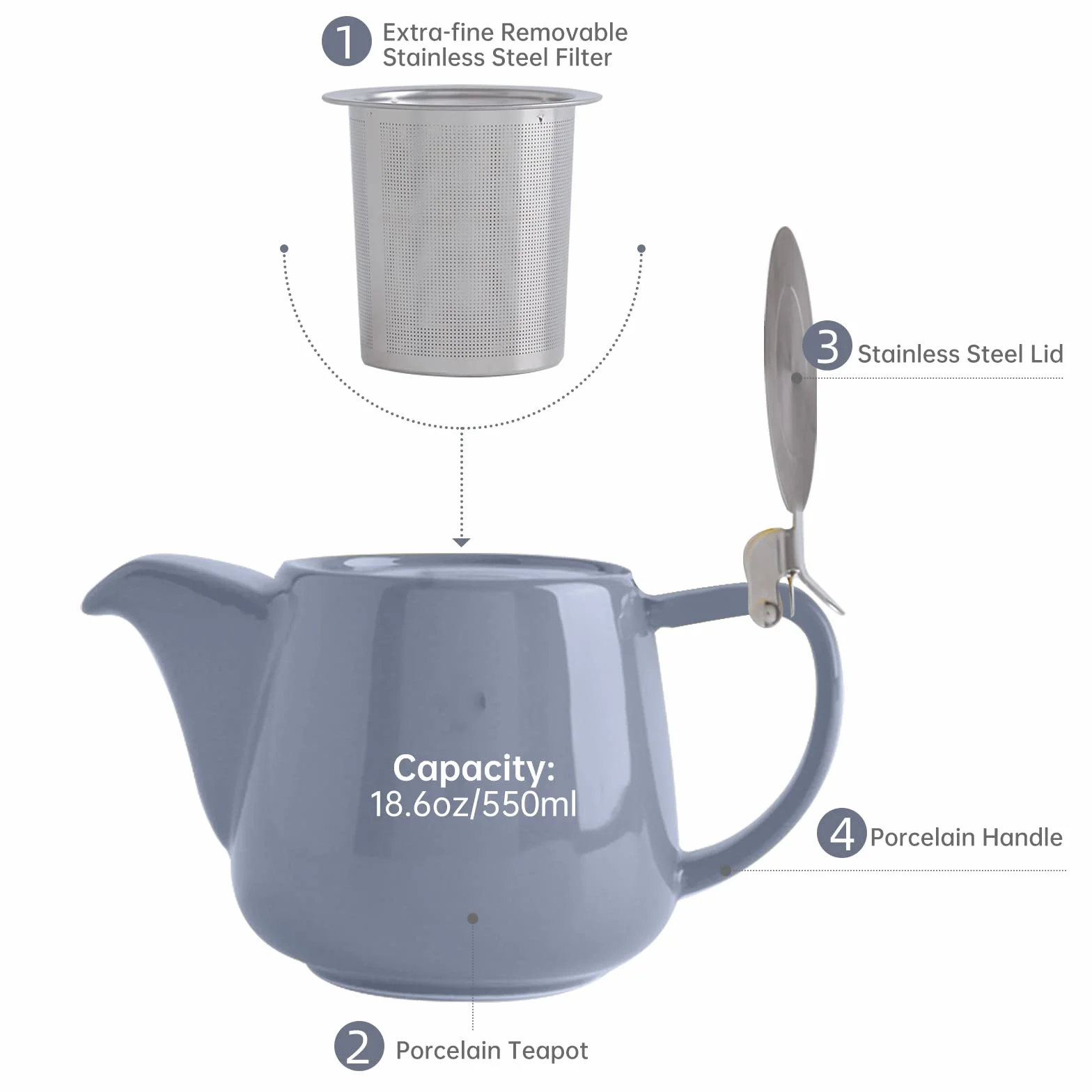 VIVILINEN Teiera con Infusore Rimovibile e Coperchio in Metallo da 550ml, Teiera in Ceramica per Tè in Foglia e Tè Sfuso