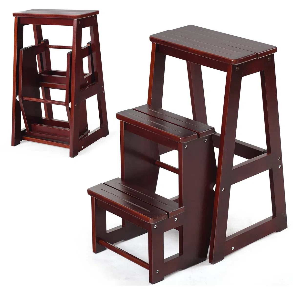 GIANTEX 2 in 1 Scaletta e Sgabello Legno, Sgabello Scala Pieghevole, a 3 Gradini, Portata di 150 kg, Richiudibile e Salvaspazio, Ideale per Soggiorno/Studio/Ufficio, 38,5x57x66 cm, 2 Colori