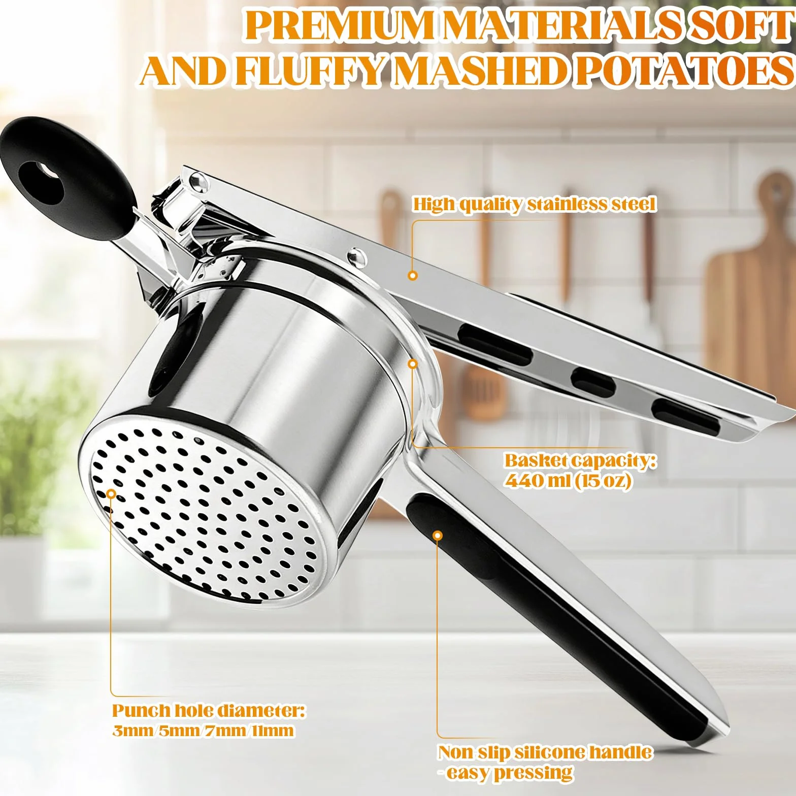 Schiacciapatate in Acciaio Inox con 4 Dischi e Pelapatate – Pressa per Patate Robusta e Professionale, per Purè, Gnocchi e Pappa per Bambini – Heavy Duty, Lavabile in Lavastoviglie