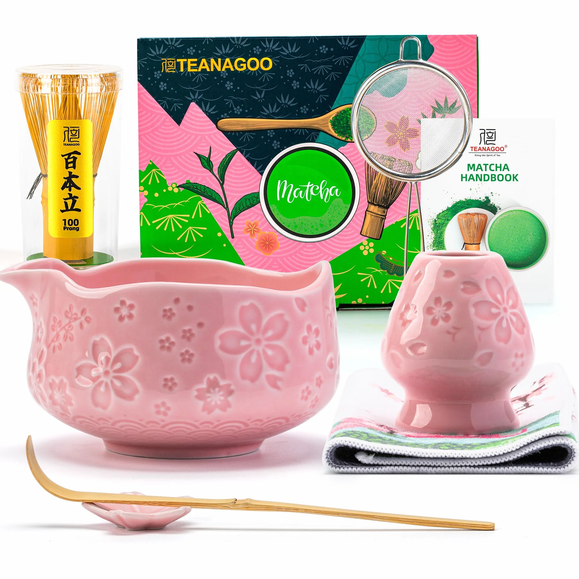 TEANAGOO Set di 7 fruste rosa Matcha con design a fiori di ciliegio, kit completo per cerimonia, ciotola Chawan in ceramica con beccuccio, frusta e accessori, set da tè matcha tradizionale per latte