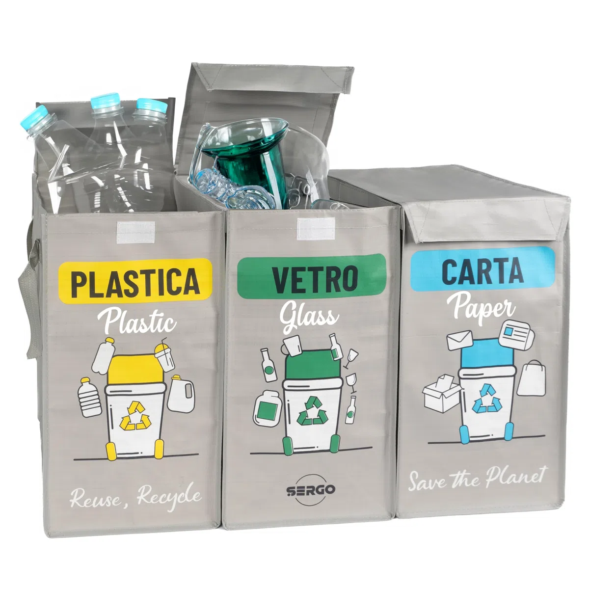 SERGO Borse Raccolta Differenziata con Coperchio - Contenitori Differenziata Interno e Esterno per Plastica, Carta e Vetro - Pattumiera differenziata 3 scomparti color Grigio chiaro