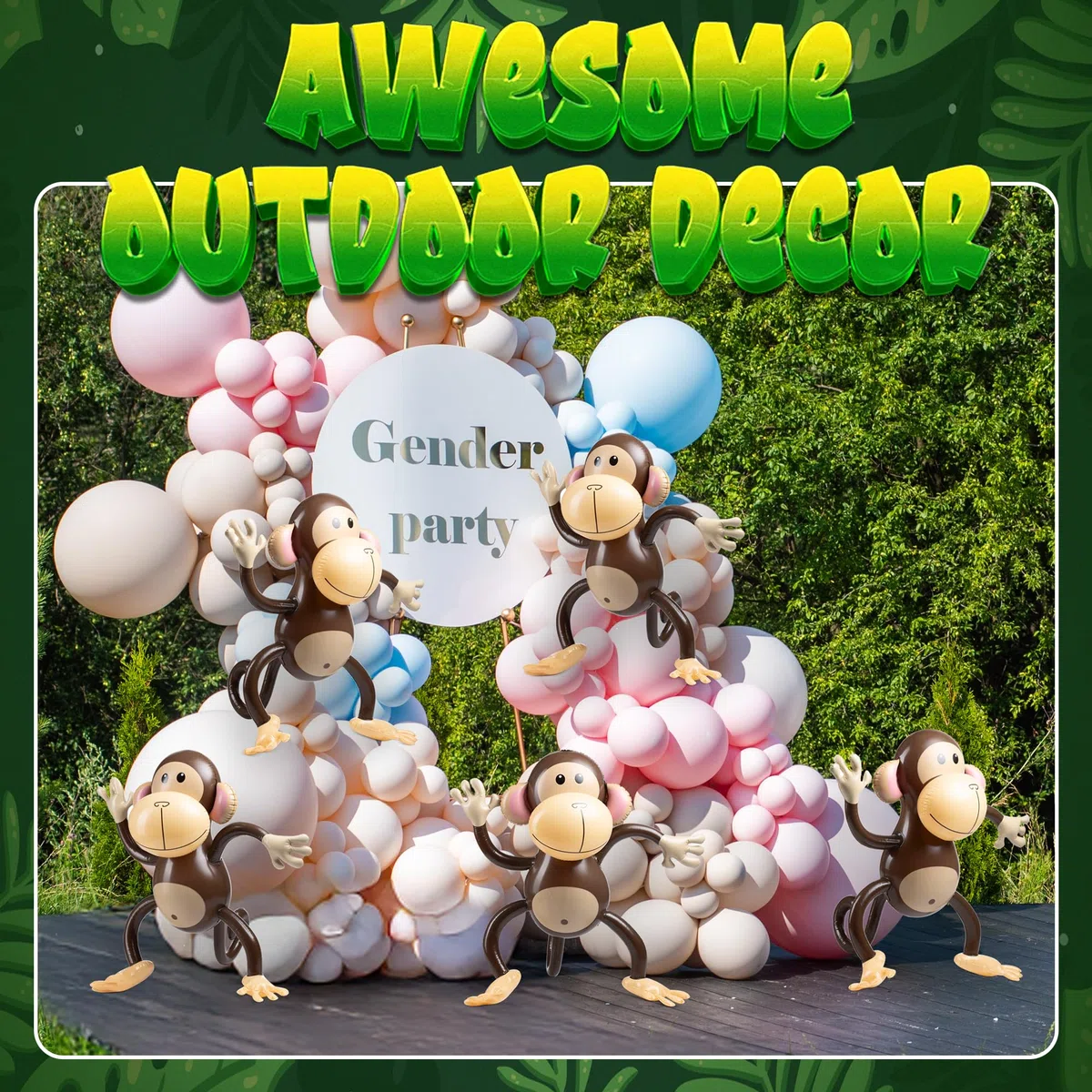 Grande scimmia gonfiabile (confezione da 3) Scimmie da 68,5 cm per baby shower, safari, compleanni a tema giungla, bomboniere e decorazioni gonfiabili a forma di animali per bambini e neonati