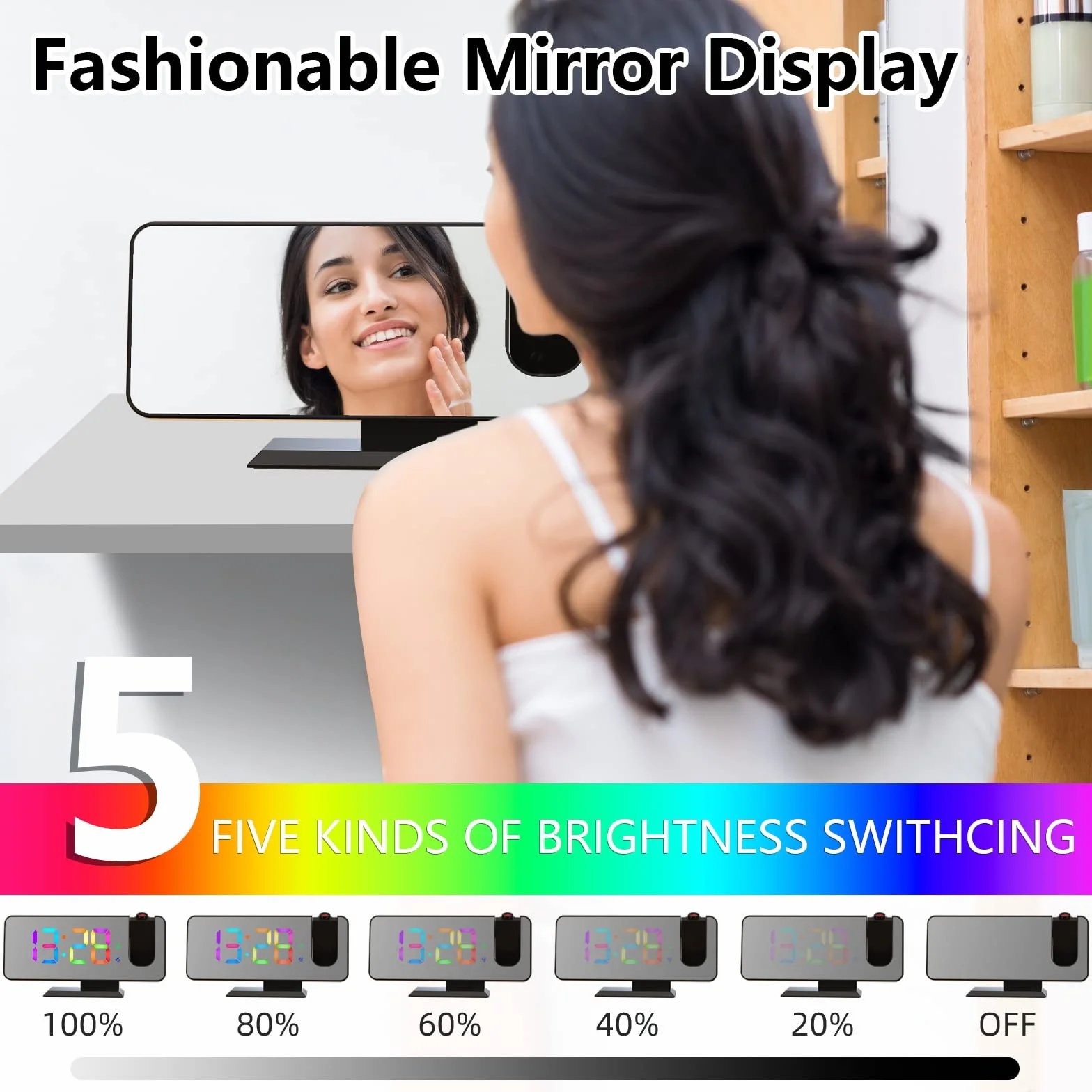 ThreeH Sveglia a Proiezione con 11 Colori RGB Cambiano Display LED a Specchio Orologio Digitale con porta di Ricarica USB Funzione Snooze 6 livelli di Luminosità Regolabile Nero