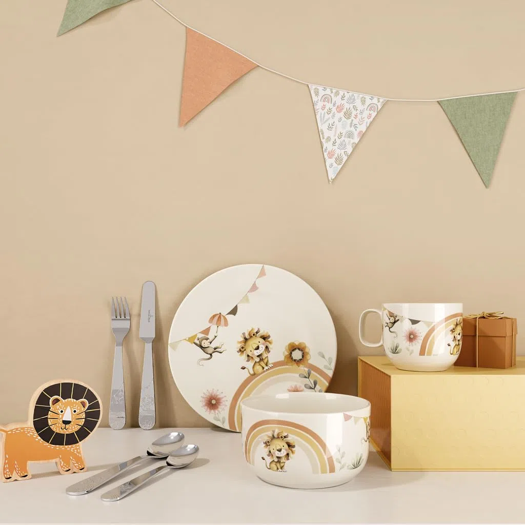 Villeroy & Boch - Roar like a Lion Set di Stoviglie per Bambini 7 Pezzi Beige, Lavabile in Lavastoviglie, Adatto per Microonde, Stoviglie, Piatti, Tazzine, Ciotola, Servizio, Porcellana Premium