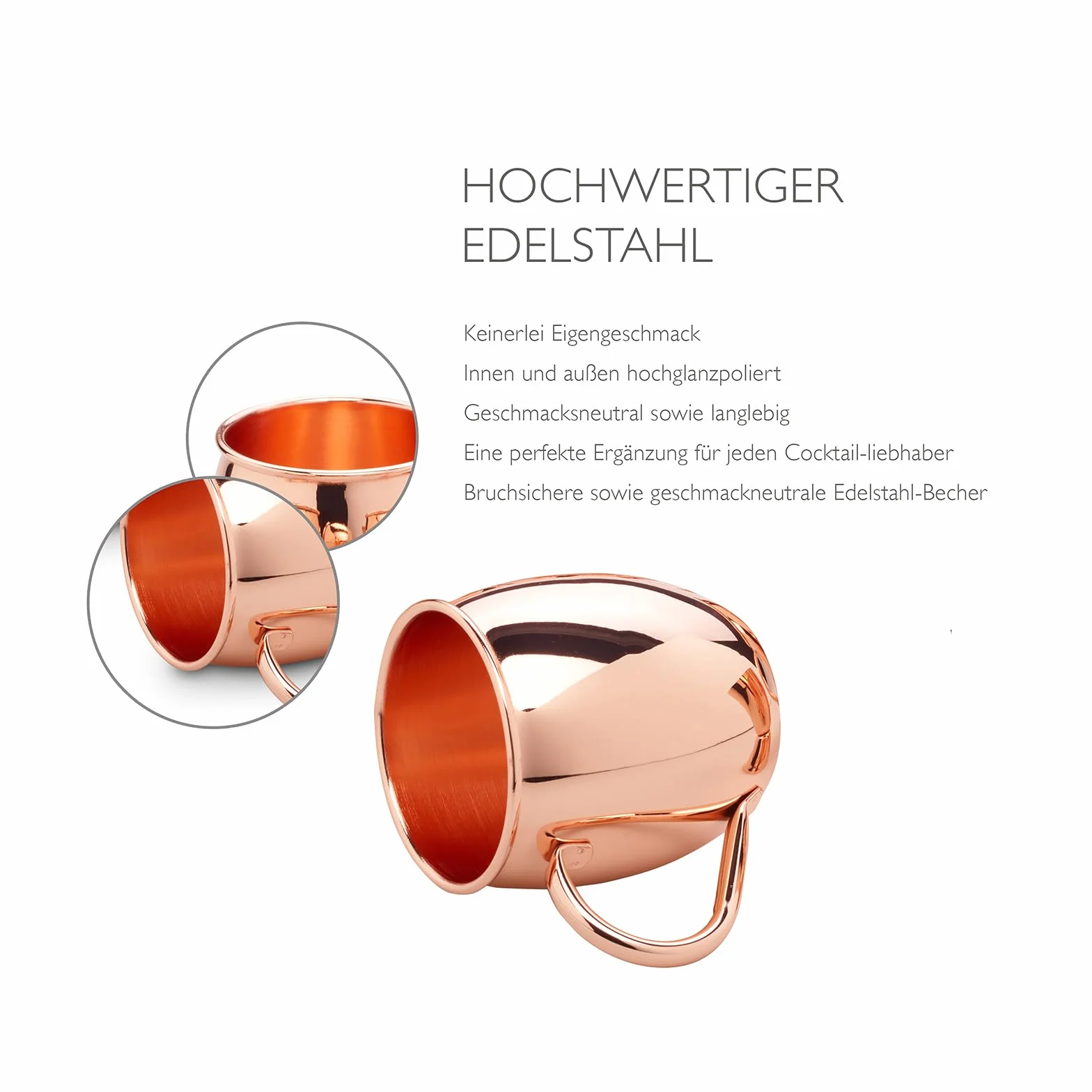 ECHTWERK Moscow Mule set di 5 tazze di rame in acciaio inossidabile, Bicchieri da cocktail, 4x tazze in rame 500 ml, 1x jigger 2 cl/4 cl, argento