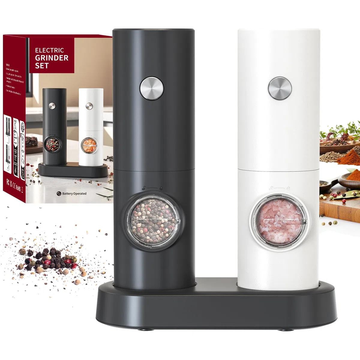CIRCLE JOY Set Macina Sale e Pepe Elettrico a Batteria Macinaspezie con Base, Luce LED Bianca e Rugosità Regolabile, Bianco Nero