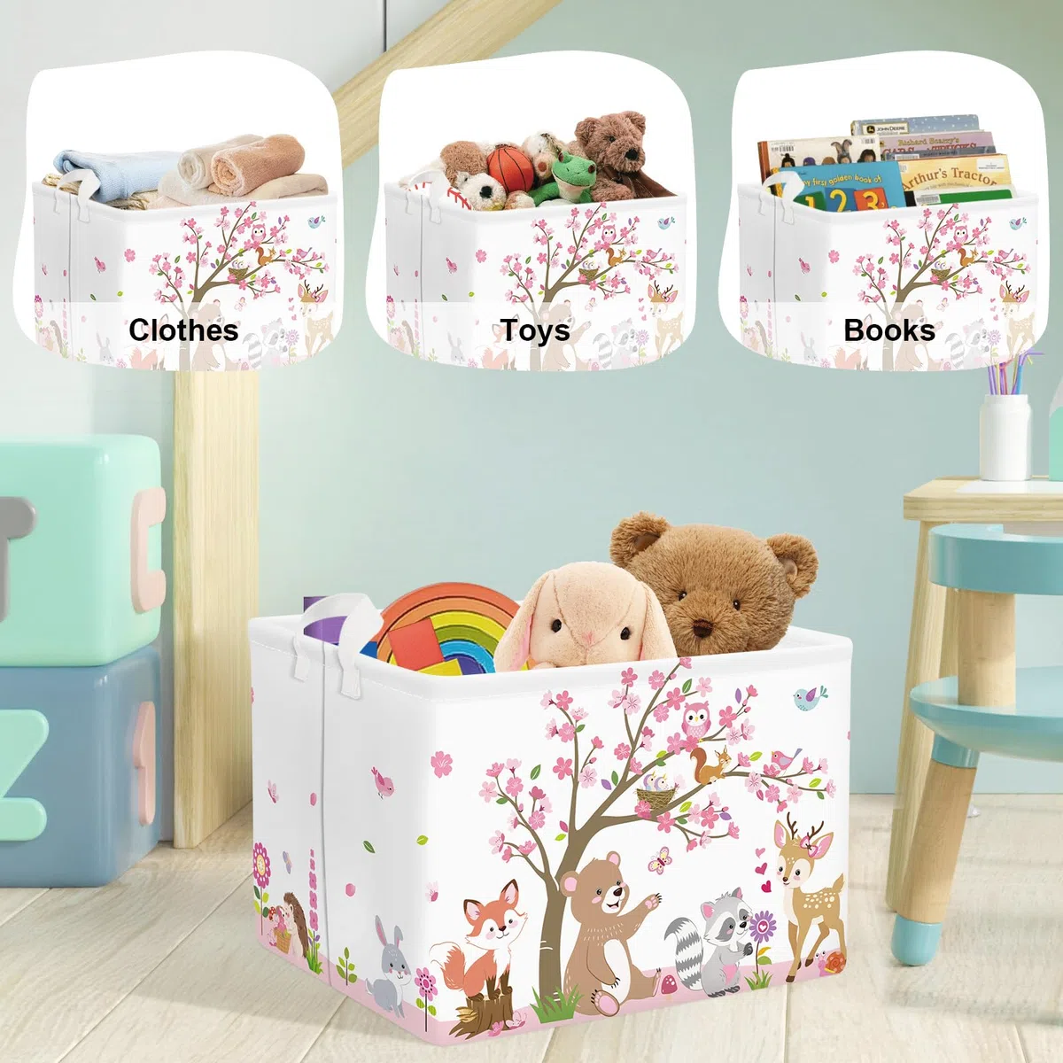 Grande Cesta Porta Biancheria Animale Della Foresta Pieghevole Cestini Portaoggetti Giocattoli/Vestiti per Genitore Cesta Indumenti Sporchi per Bagno, Rosa, 36L