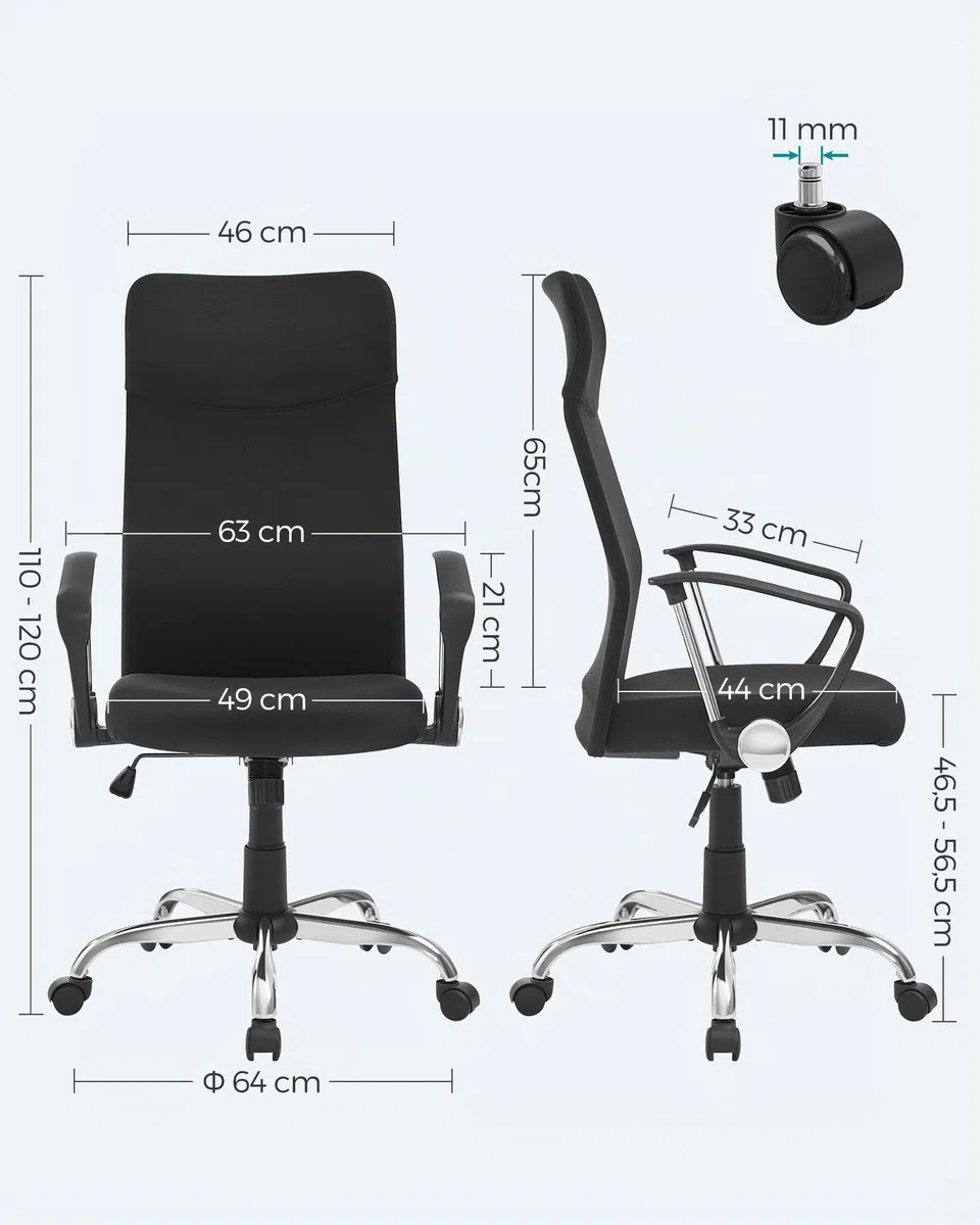 SONGMICS Sedia da Ufficio, Sedia da Scrivania Ergonomica, Girevole, Seduta Imbottito, Regolabile in Altezza e Inclinabile, Portata di 120 kg, Nero OBN034B01