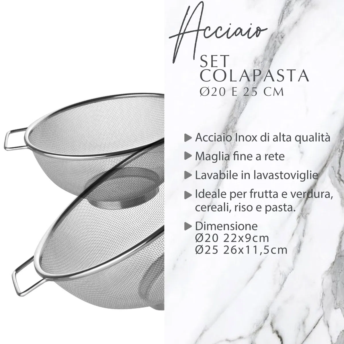 Fackelmann Set Scolapasta 20 e 26 cm, Colapasta In Acciaio Inossidabile - Rete Fine Per Drenaggio Rapido - Per Quinoa, Cereali, Riso, Frutta, Verdura E Pasta - Lavabili in lavastoviglie