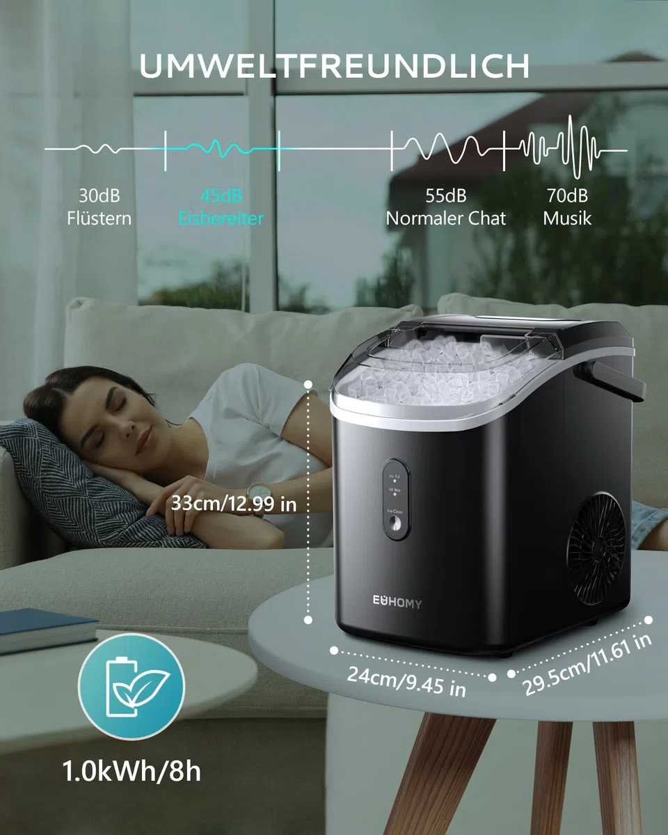 EUHOMY Macchina per cubetti di ghiaccio, 15 kg/24 h, produzione in 6 minuti, Crushed Ice Maker, Nuggets Ice, pulizia automatica, 120 W, macchina per cubetti di ghiaccio da tavolo, sensore a