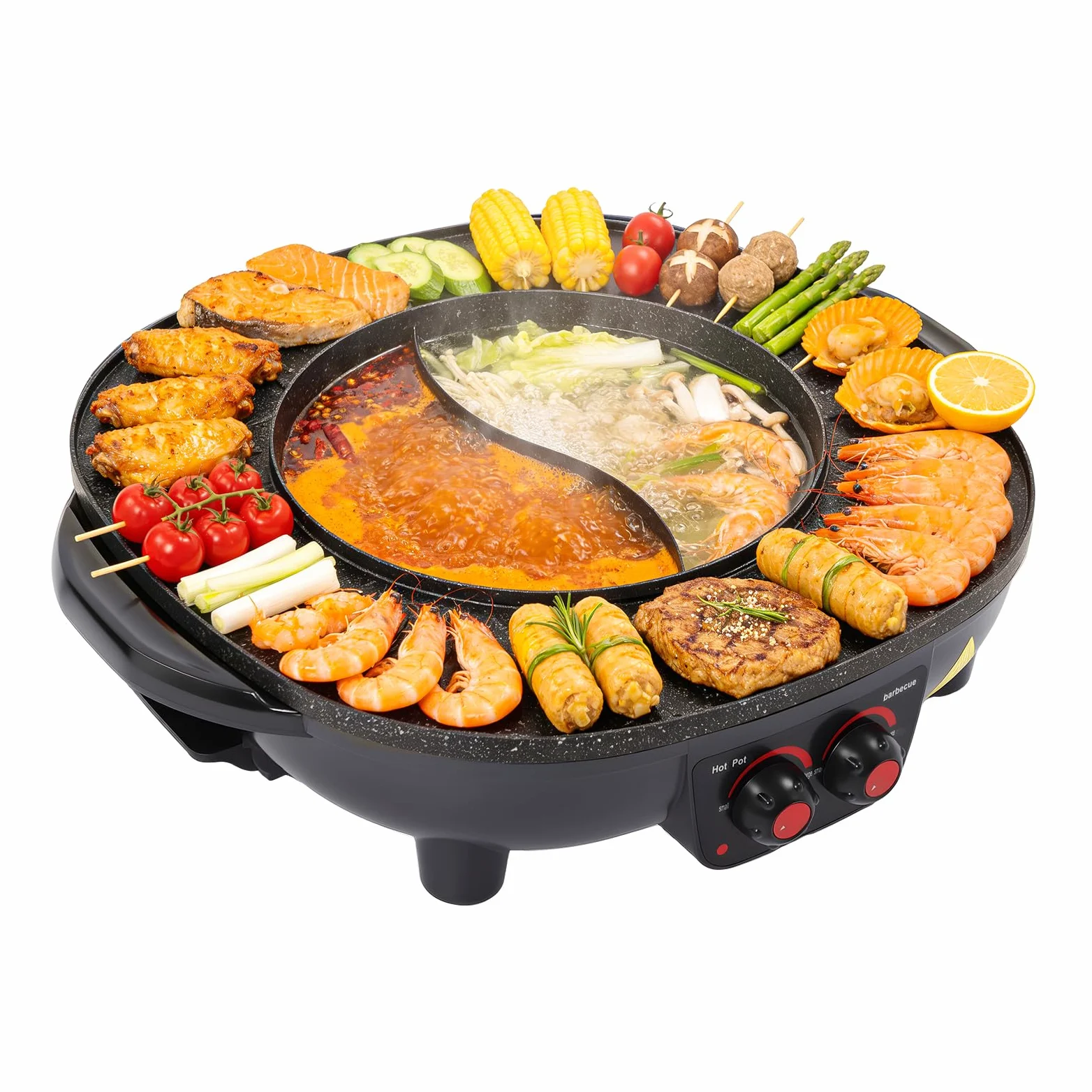 Electric Hot Pot e grill, 2000 W, padella elettrica multifunzione, capacità 3 l, con coperchio, manico del coperchio, per interni, coreano, barbecue, fonduta e raclette XXL, per 5-6 persone
