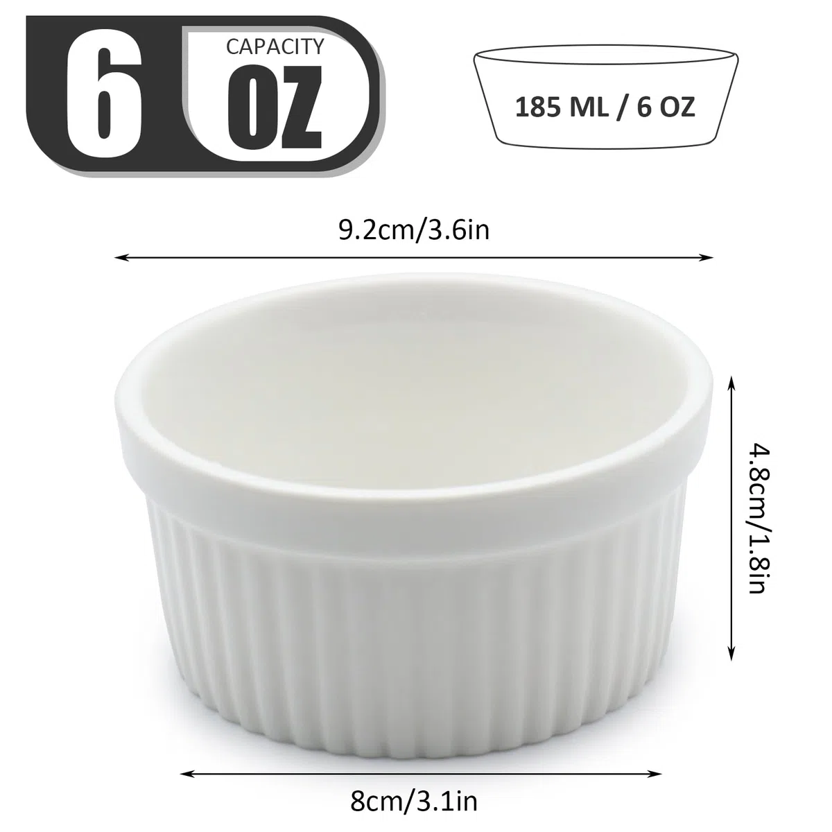 6 Bowl in Ceramica Bianca e 6 Forchette, da 185ml, Cocotte in Porcellana, Pirottini da Forno o per Snack, Cocotte per Crème Brulee, Ideali per Soufflé, Tortino al Cioccolato, Budini ecc..