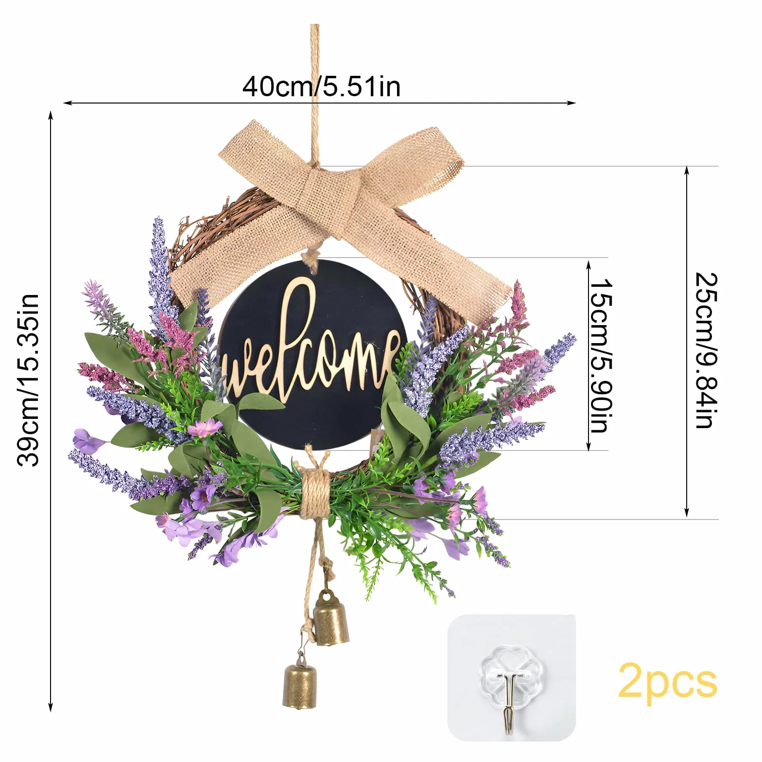 Ghirlanda Porta Ingresso 40cm Lavanda Ghirlanda Primaverile con Cartello di Registro "welcome" Decorazione Porta Ingresso con Archi e Campanelli Decorazioni Primavera Estate per Porte Finestre