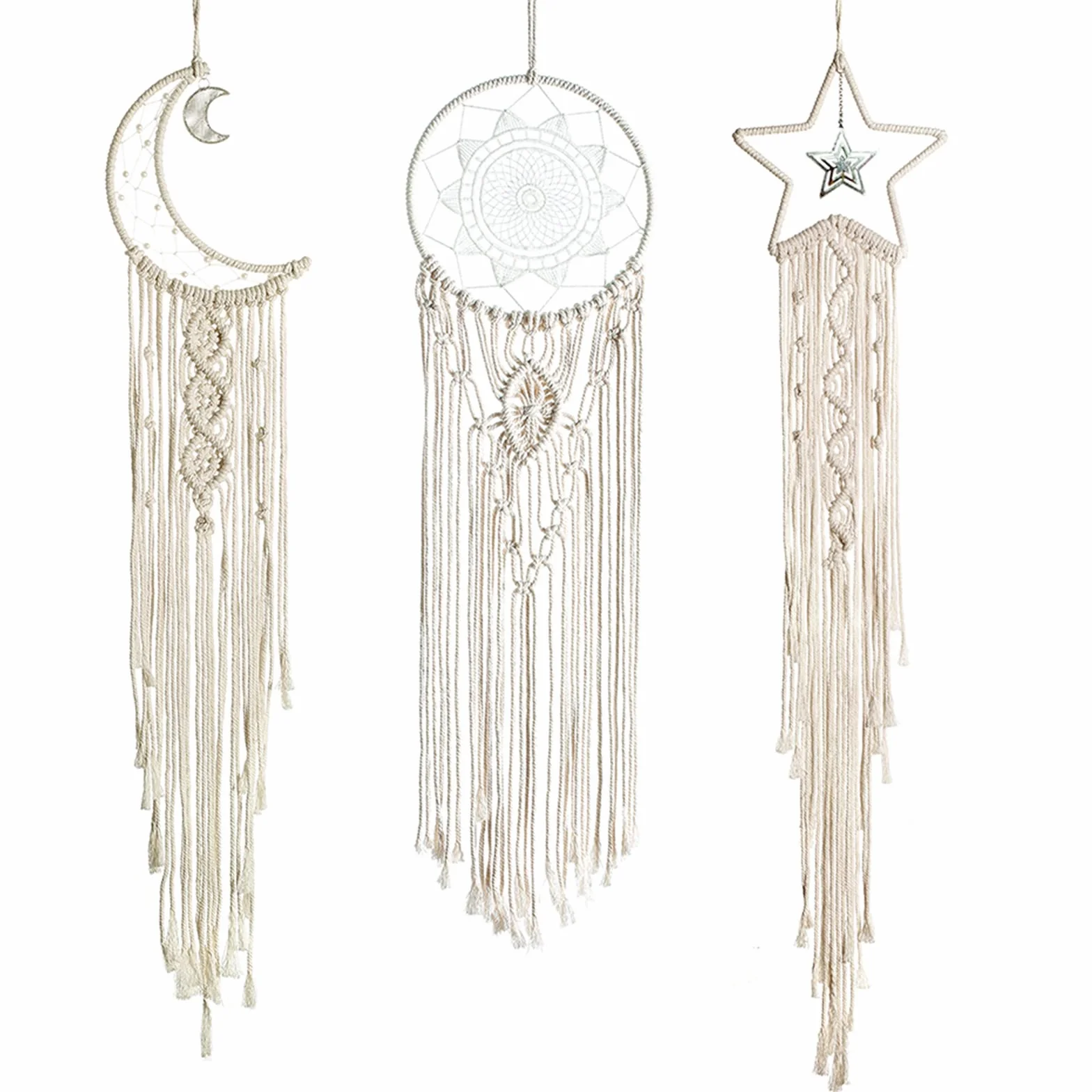 3 Pezzi Macramé Boho Acchiappasogni Decorazione della Parete Sole e Luna e Stella Arazzo Intrecciato Bohemian Chic Wall Art Decor per Casa Regalo Ragazza
