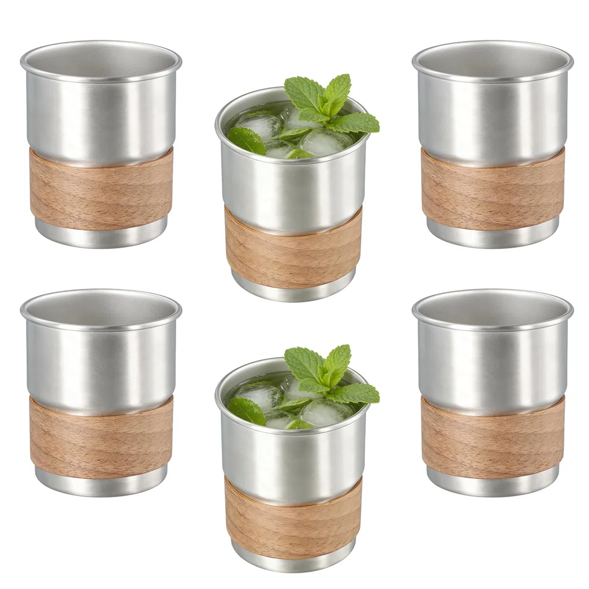 6 bicchieri in acciaio inox, 300 ml, a doppia parete, antiruggine, 304, in metallo, con manicotto in legno, impilabili, infrangibili, senza manico, per latte, caffè, vino, birra, cocktail