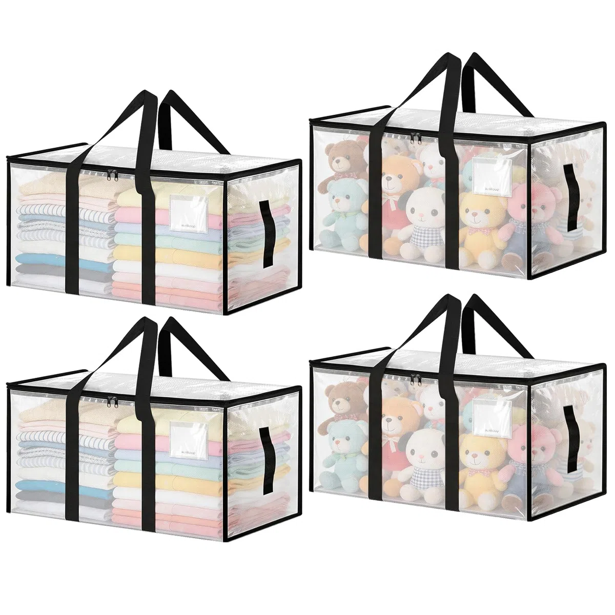 Borsa portaoggetti 4 pezzi Borse per traslochi, 88L Borsa portaoggetti grande trasparente, portaoggetti per vestiti con cerniera e maniglia per traslochi, campeggio, biancheria da letto, vestiti