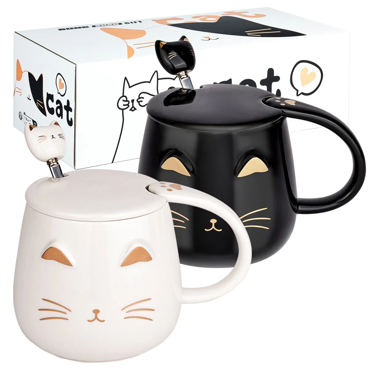 Set di 2 tazze da caffè con gatto gatto con coperchio e adorabile cucchiaino da gattino, set di tazze da tè mattutino, per amanti dei gatti, ragazze, donne, Natale, compleanno, 380 ml, bianco e nero
