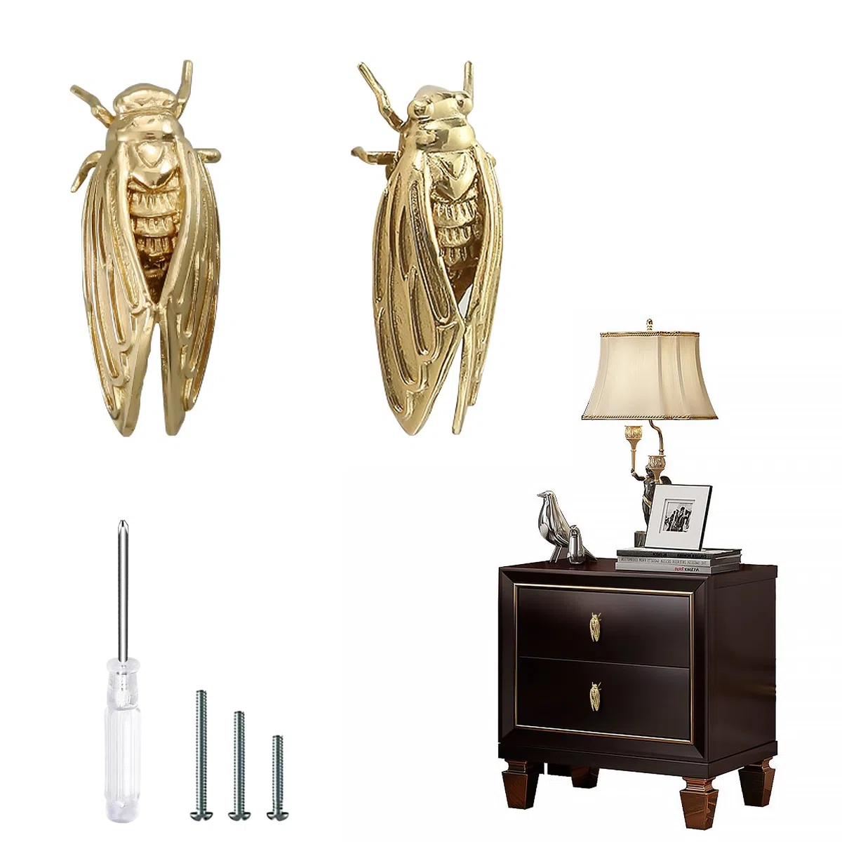 Creative Animal Shape Brass Knobs for Kitchen Cabinets Cupboard Door and Decorative Furniture Hardware Pack of 2 (Cicada)
