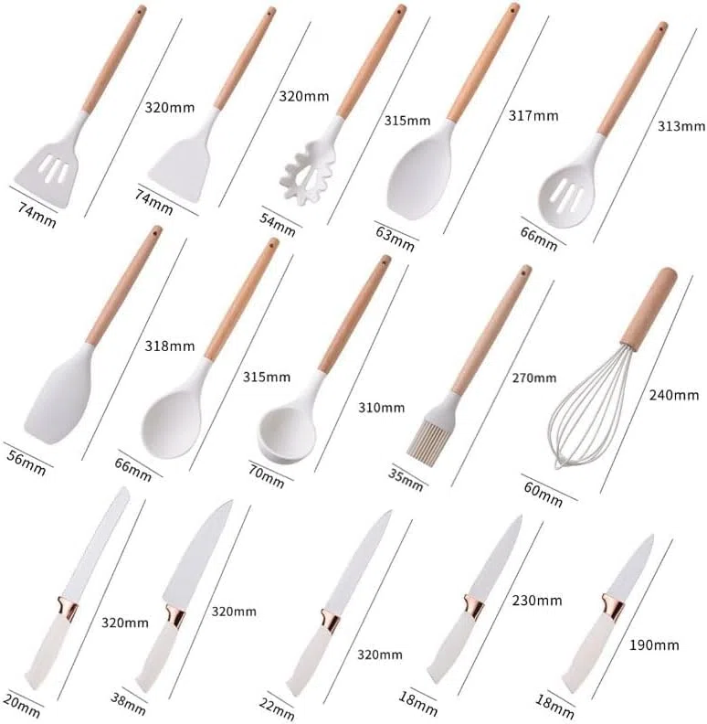 Set Coltelli da Cucina 19 Pezzi con Portautensili – 5 Coltelli in Acciaio + 13 Utensili da Cucina in Silicone – Set Cucina Completo Antiaderente e Resistente al Calore (Rosa)