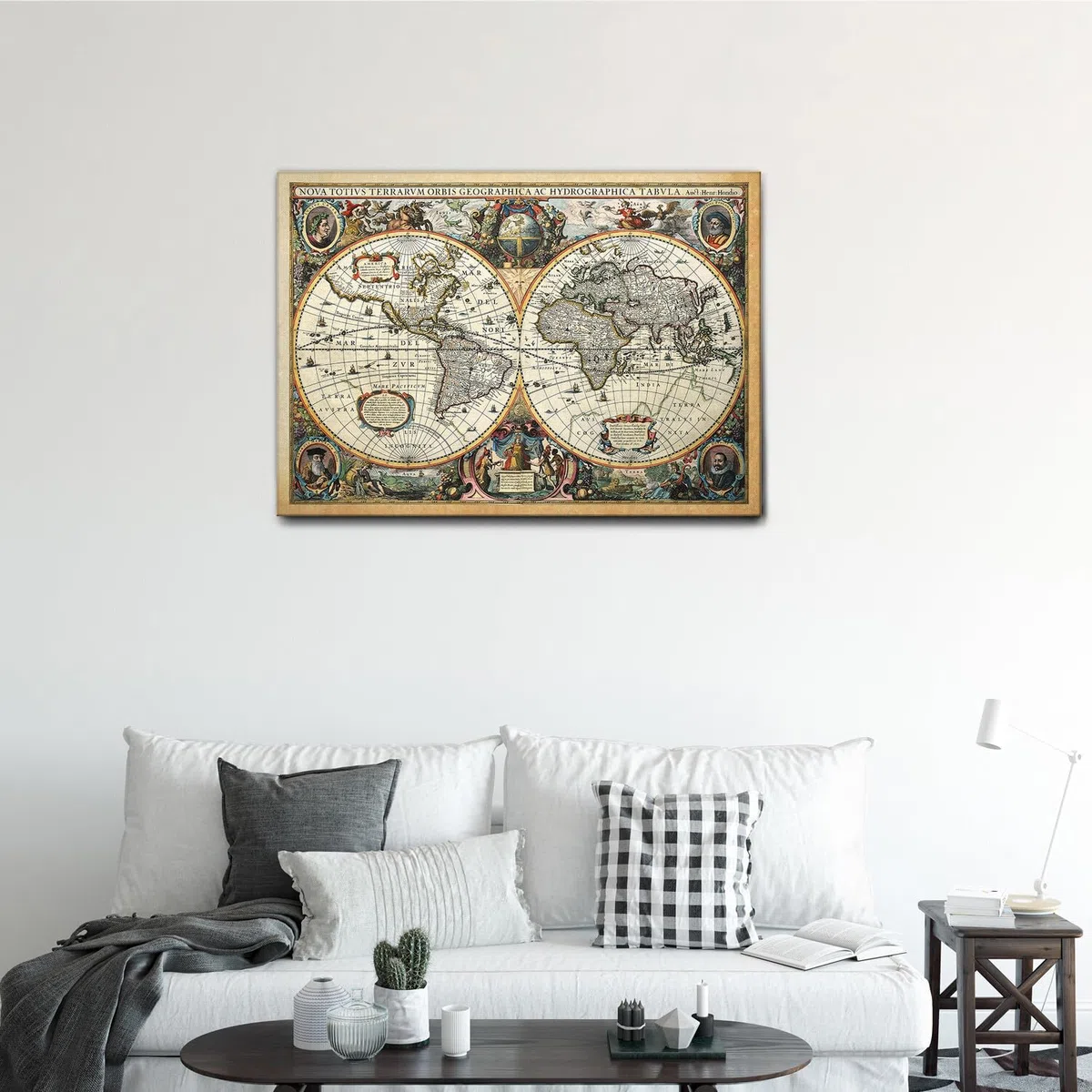 Giallobus - Quadro - Mappa del mondo Nova Terrarum Orbis - Tela Canvas Telaio Standard - 100L x 70l cm - Pronto da appendere - Quadri moderni per la casa