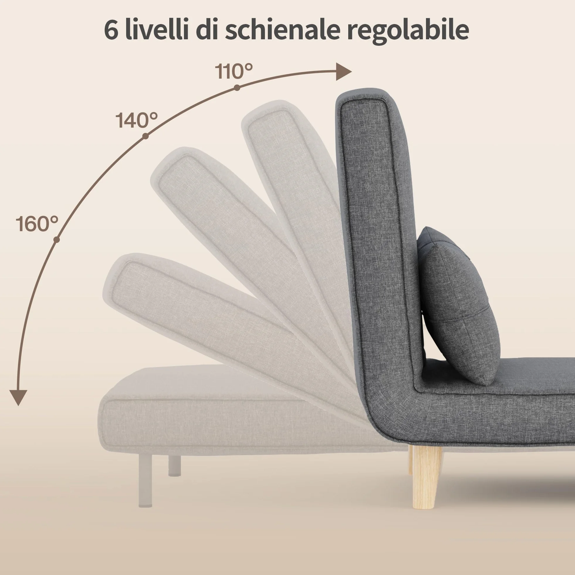 Bealife Poltrona Letto Singolo 3 in 1, Schienale Reclinabile 5 Livelli, Cuscino e Materasso Imbottiti, Divano Letto Pieghevole per Soggiorno、Camera, Lino con Gambe Legno, 75x70x75cm, Grigio