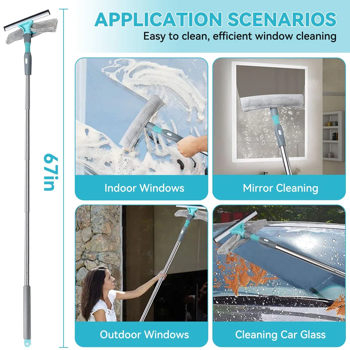 Cozary Lavavetri con Manico Telescopico(170cm), 2 in 1 con Tergivetro in Silicone e Lavavetri in Microfibra, Strumenti per la Pulizia dei Vetri per Bagno, Doccia, Auto, Vetro, Finestre