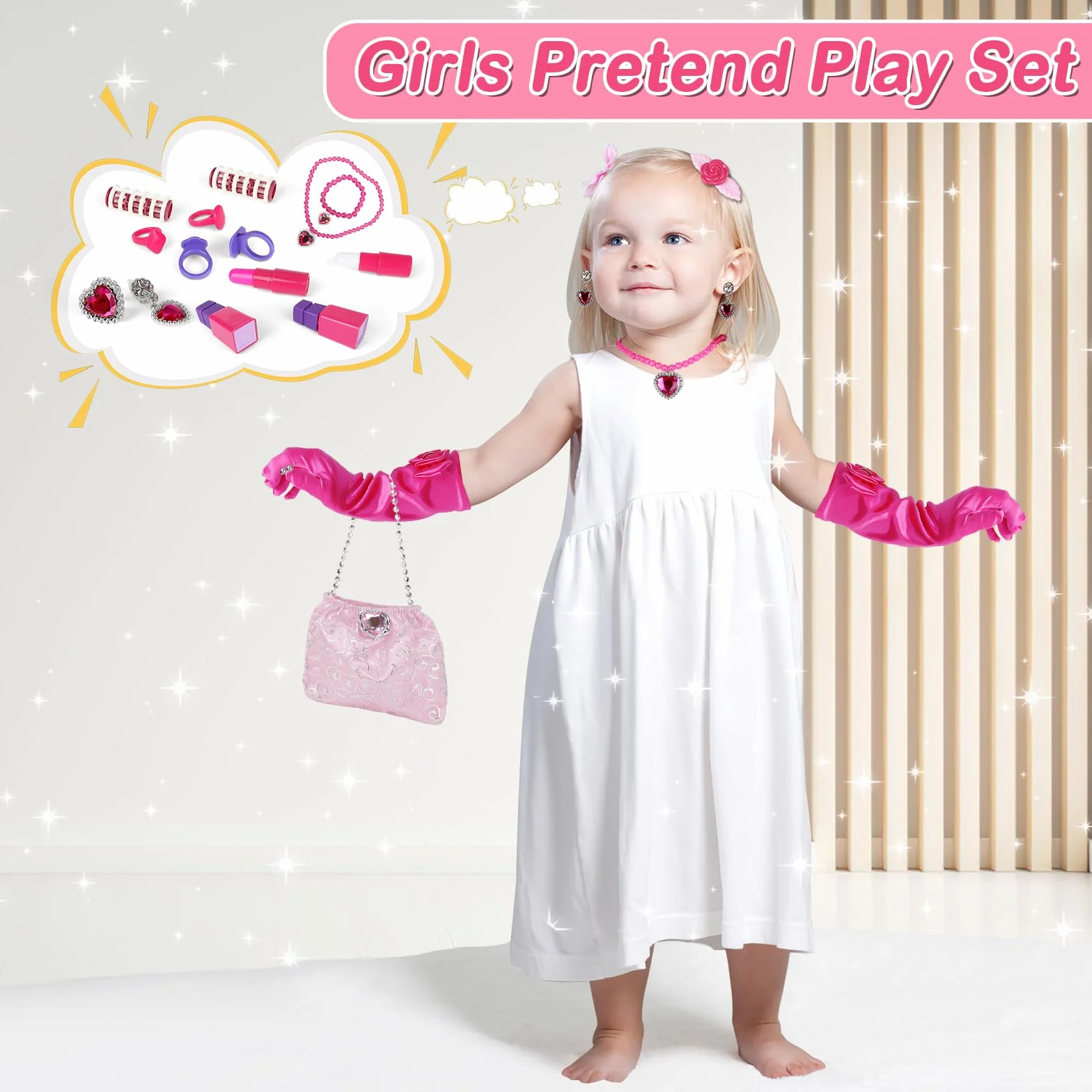 deAO Set Parrucchiera Bambina con Sgabello, Specchiera Trucco Bambina con Musica, Luce Salon Bambini Trucco Set per Ragazze Giochi Bambini da 3 Anni (Rosa)