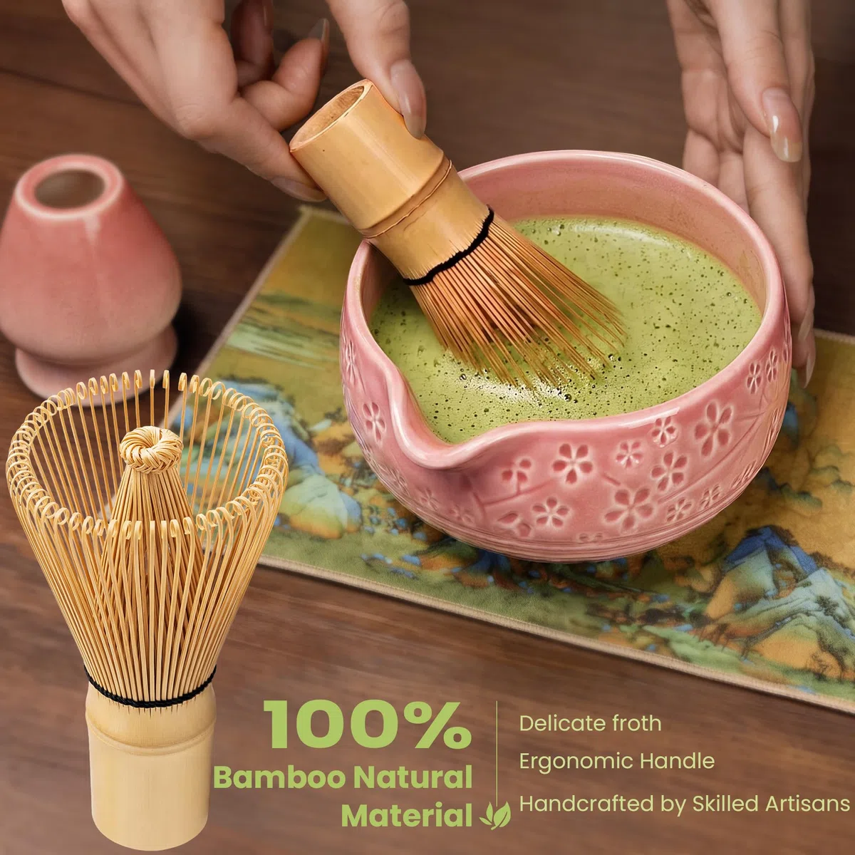 Kit Matcha 7 pezzi, Frusta in Bambù con Portafrusta, Ciotola in Ceramica con Beccuccio, Colino, Cucchiaio, Strofinaccio – Per Matcha Latte, Cerimonia del Tè Giapponese – Rosa Sfumato