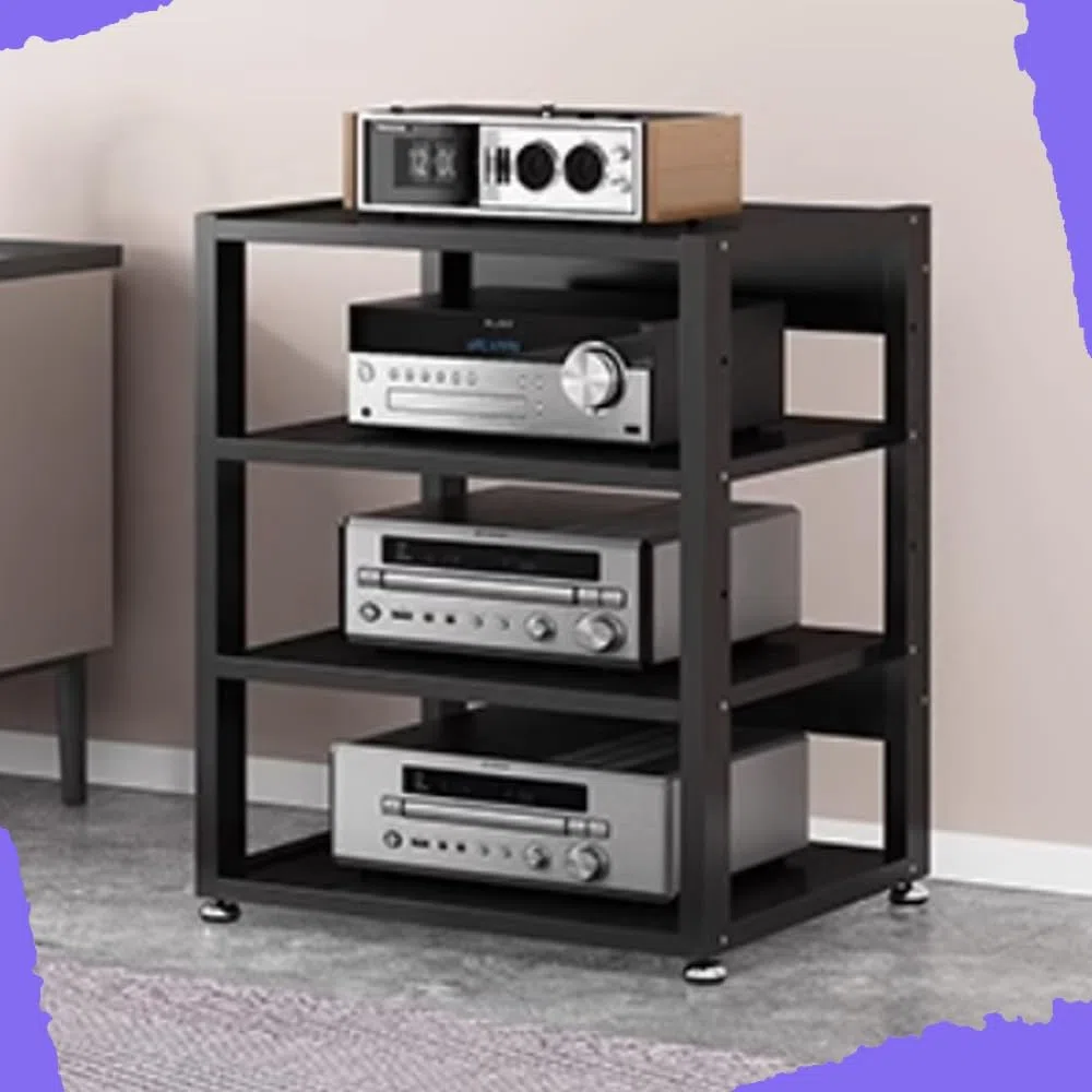 3 4 5 Livelli Mobile Componenti Stereo, HiFi Rack Audio AV Tower Media Stand, Rack Amplificatore Supporto Per Giradischi, Regolabile Mobiletto Portaoggetti, Legno & Metallo(Black,4 Tier-50X40X6