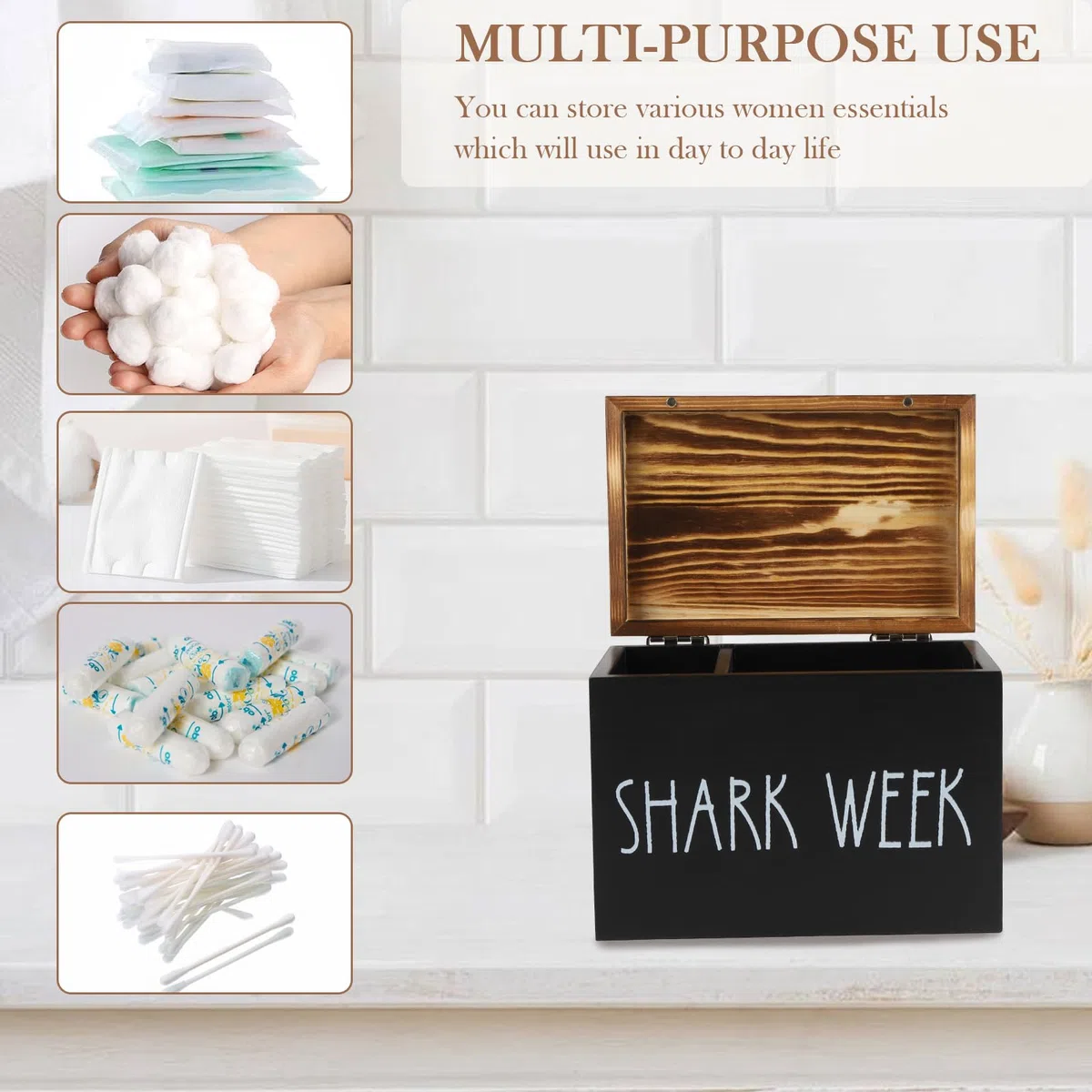 Porta Cotton Fioc per Bagno con Coperchio, Scatola Organizzatrice 2 Scomparti in Legno Rustico - Contenitore per Igiene Femminile, Tamponi, Assorbenti, Cosmetici, Accessori Bagno
