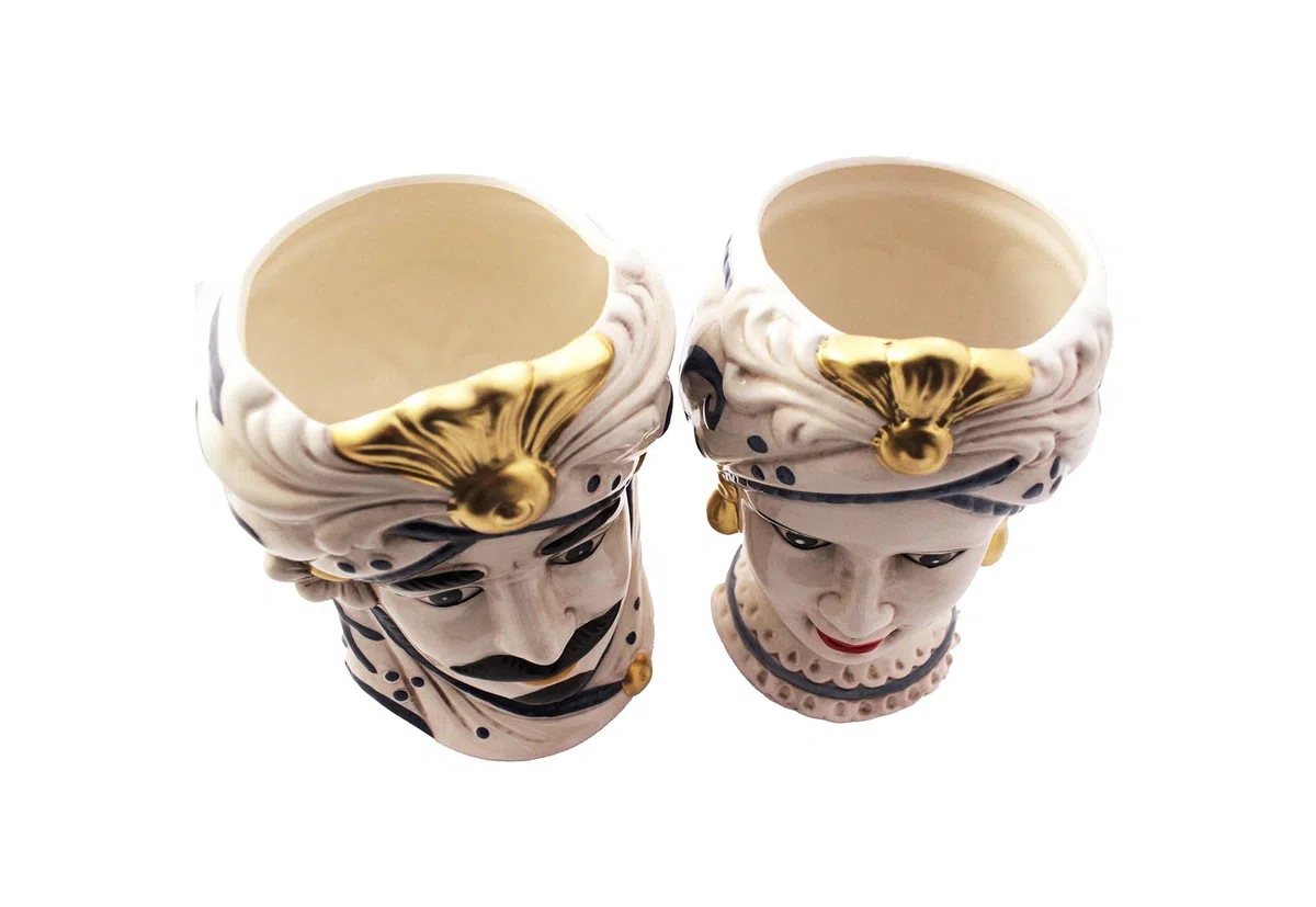 ILAB Coppia Teste di Moro Regina e re in Ceramica siciliana Decorata a Mano Blu e Oro Moderno gic h25cm
