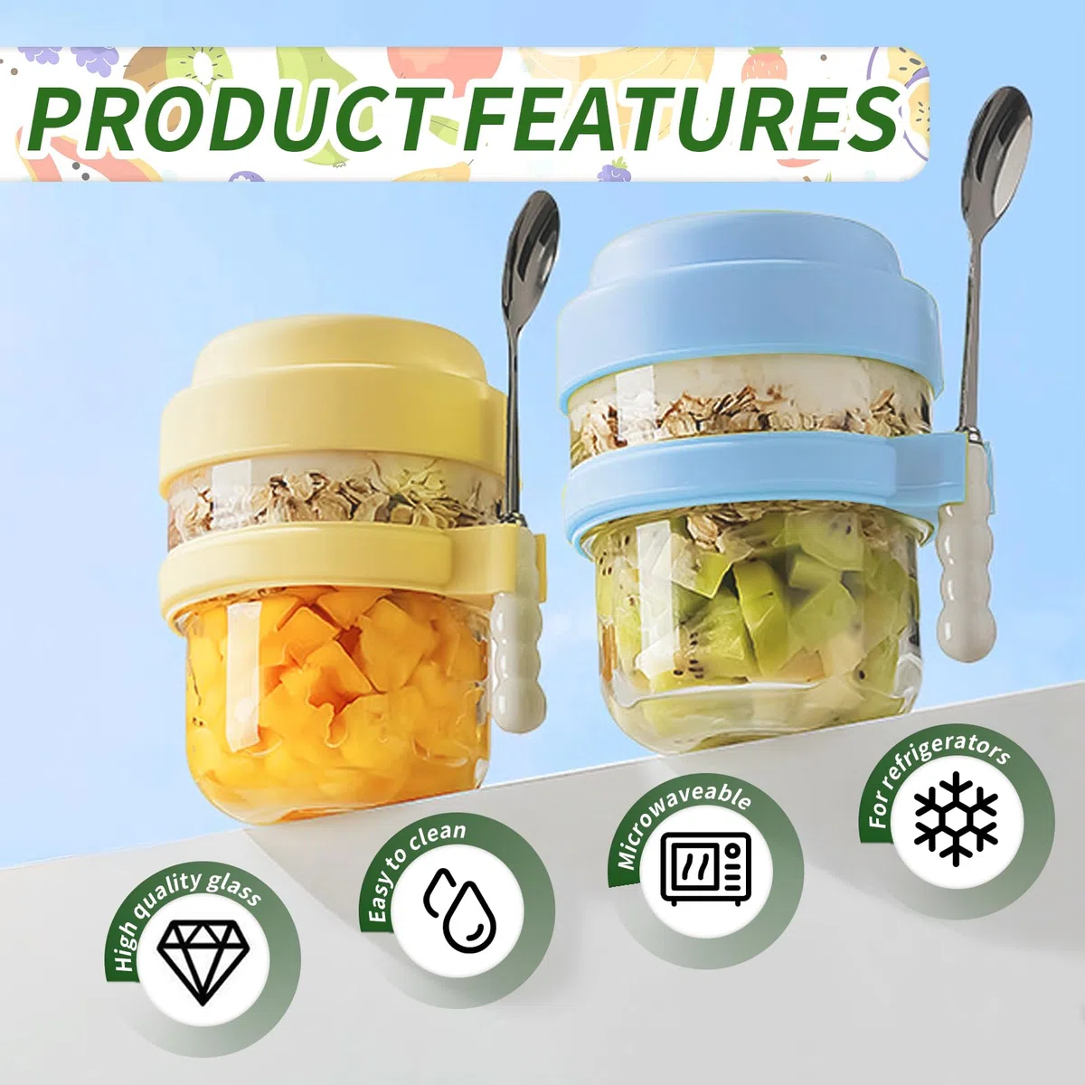 Overnight Oats Jar 2 Pezzi, Contenitori Vetro per Alimenti con Coperchio e Cucchiaio, 440ml Meal Prep Contenitore Vasetti per Yogurt Riutilizzabile, per Avena, Vasetti per Budini, Insalate, Marmellate