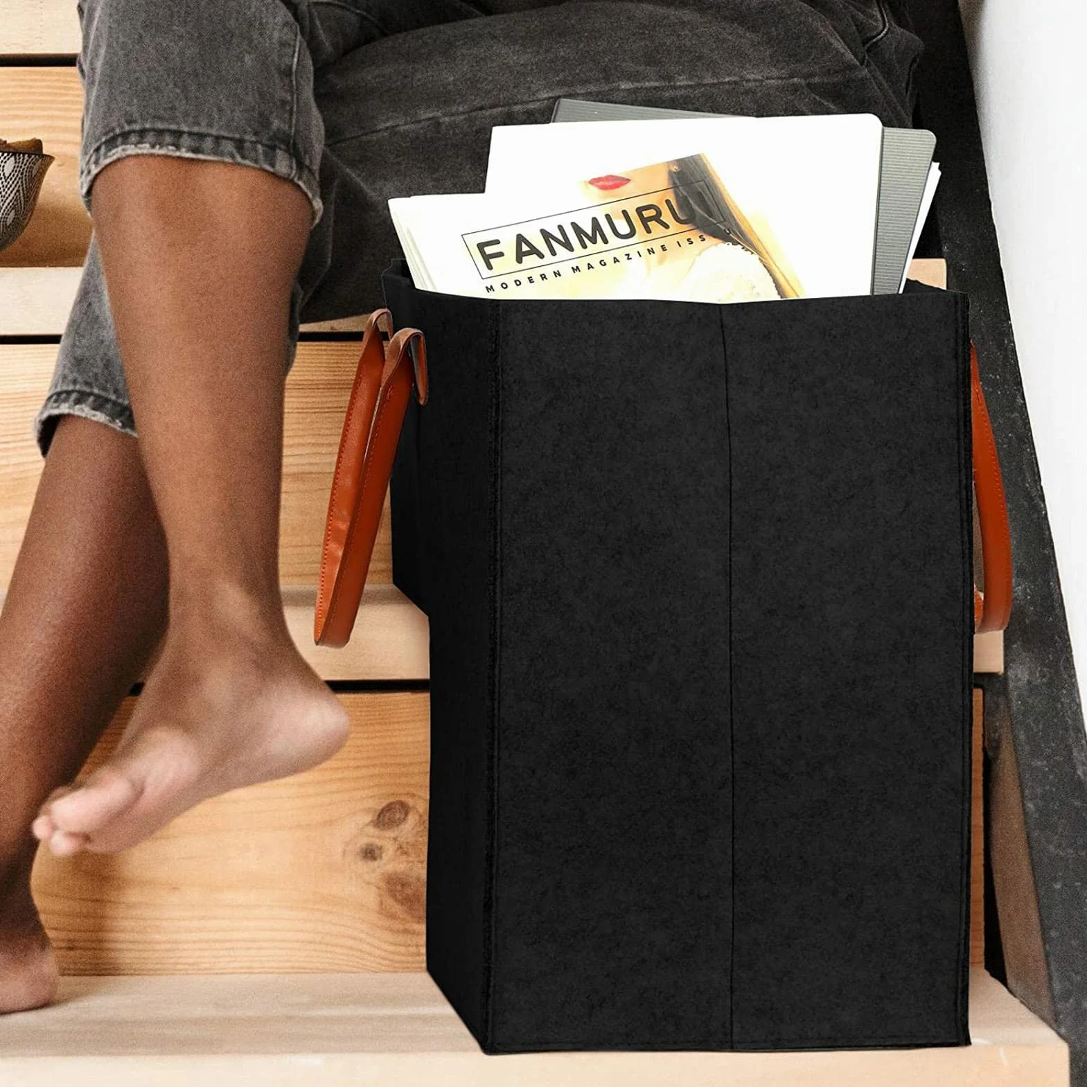 Cestino per scale con cuoio, maniglie in feltro moquette per scale organizzatore in legno