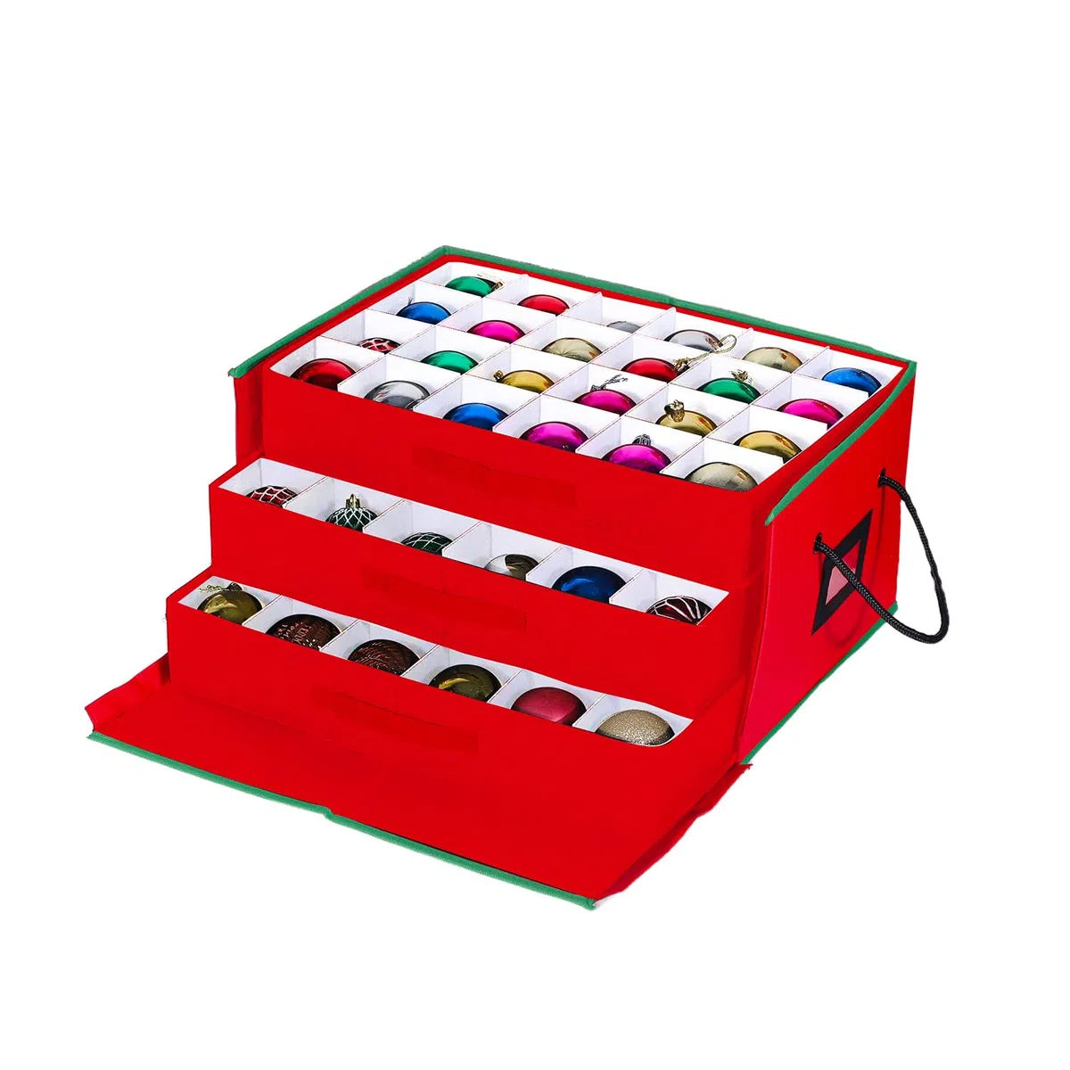 Wintem – Scatola Porta Addobbi di Natale con 3 Cassetti Estraibili per 72 Palline di Natale, Struttura Rigida in TNT 51x35x24 cm, Zip Robusta e Etichetta Trasparente per Conservazione Ordinata
