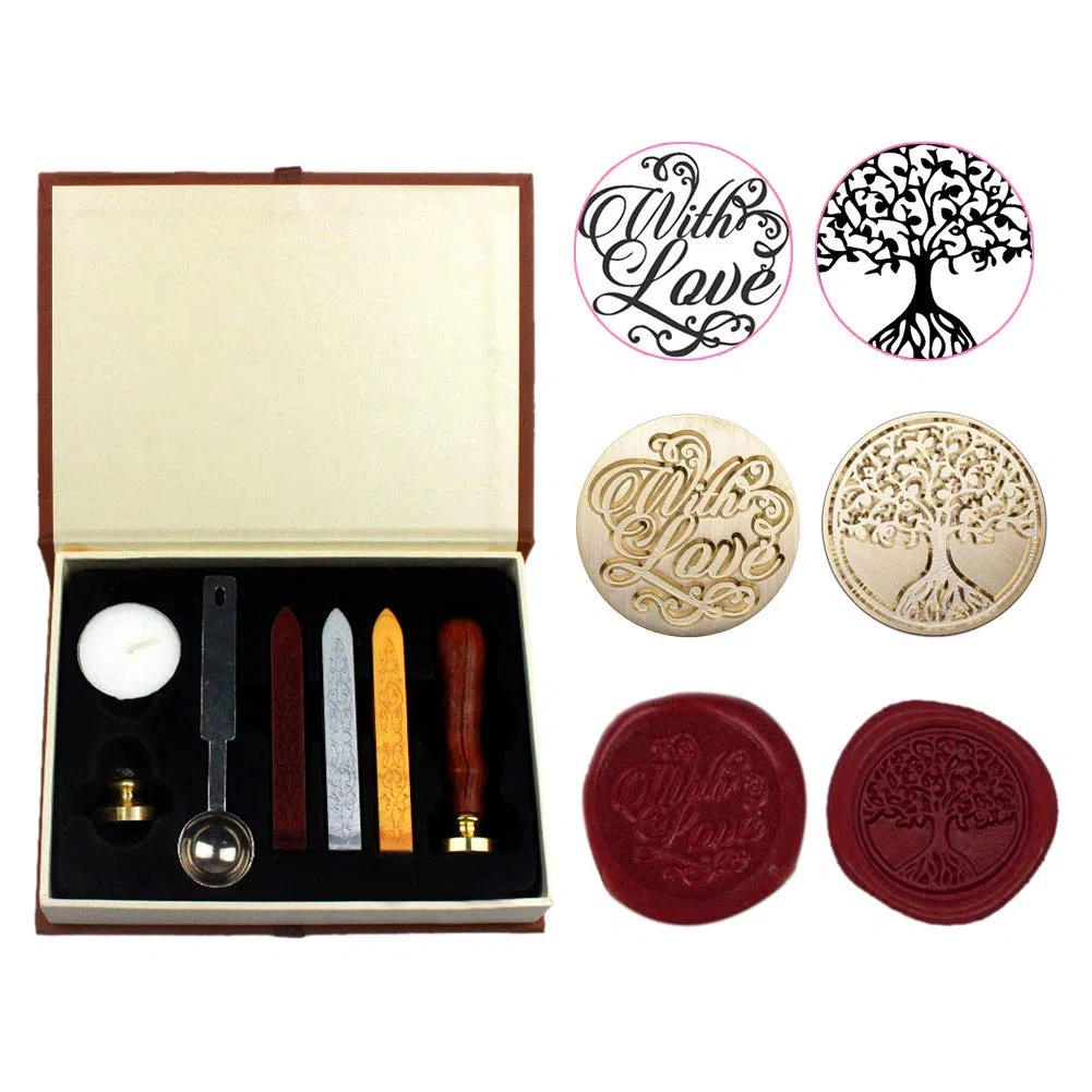 Kit Sigillo Ceralacca Retro Cera Timbro per Ceralacca con Sigilli Cucchiaio Candela Bastoncini di Cera per Busta Etichetta Matrimonio Natale (con amore + albero della vita)