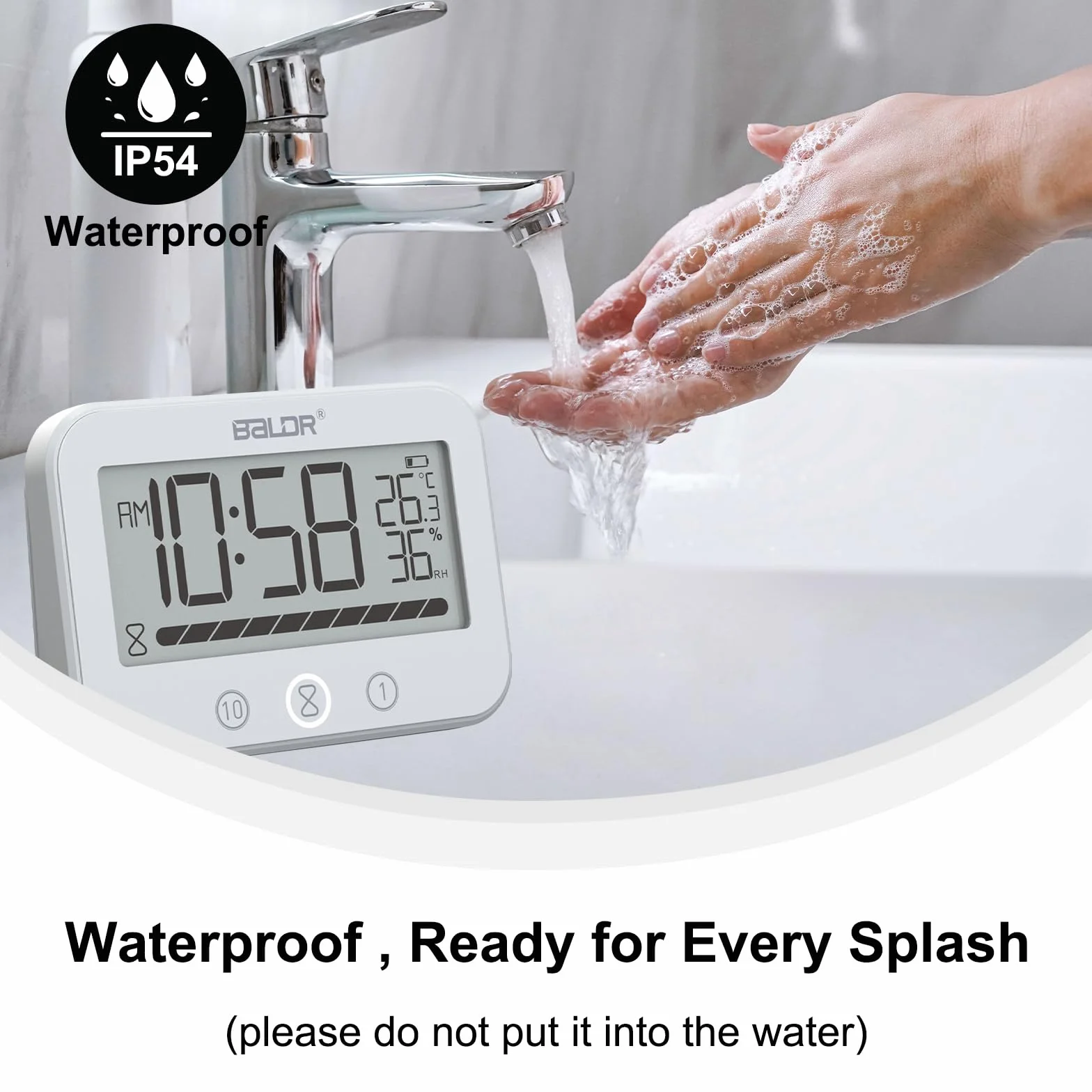 Orologio da Bagno Digitale, Orologio da Doccia Impermeabile IP54 con Temperatura e Umidità, Conto alla Rovescia da 99 Minuti con Allarme, Ampio Timer LCD con 2 Ganci Adesivi e 2 Ventose