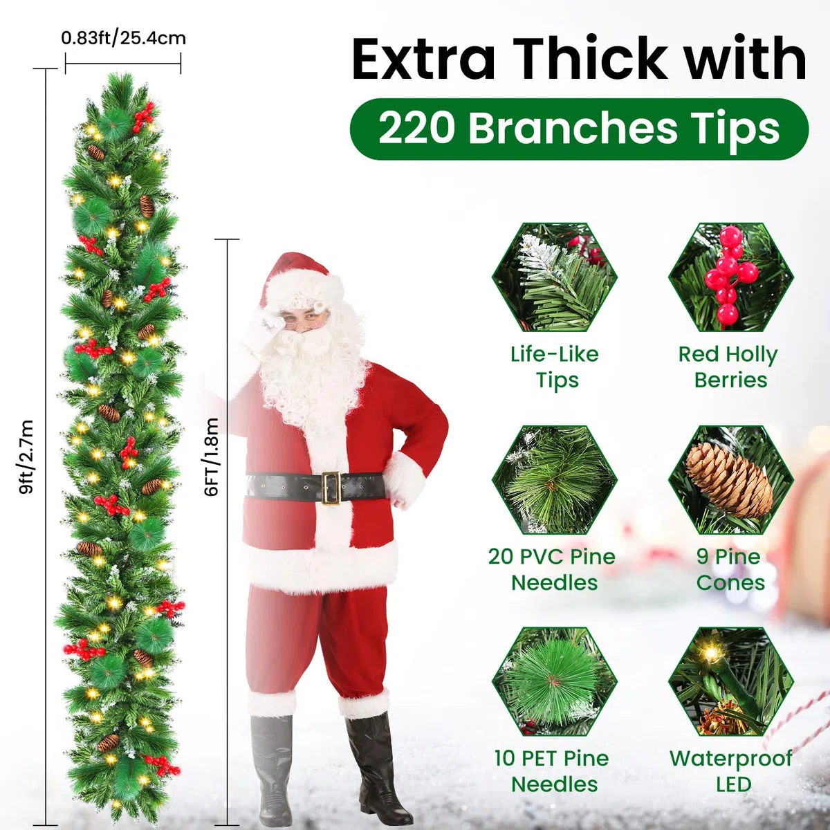 Ghirlanda Natalizia, 2.7M/9 FT Ghirlanda Natalizia per Porta, Ghirlanda Natale con 50 Luci, Ghirlanda di Natale Decorazioni Artificiale per Porta, Scale, Camino, Finestra, Giardino, Interni ed Esterni