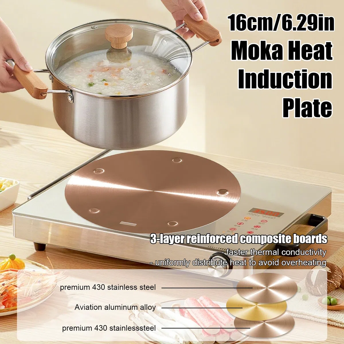 BigKing Piastra di Diffusione di Calore 16cm, Adattatore di Induzione, Disco convertitore di Piastra di Cottura a Induzione con Maniglia Rimovibile Isolante (Oro rosa)
