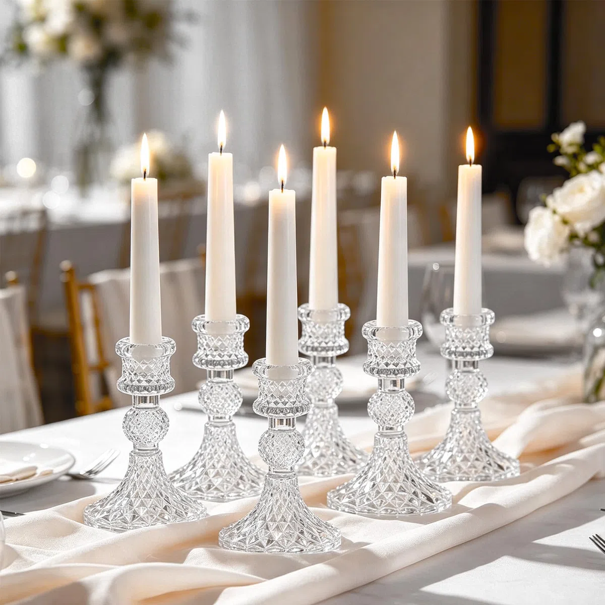 Portacandele in vetro trasparente, portacandele trasparenti per candelabri, 10 cm, portacandele in cristallo alto 10 cm, decorazione da tavolo per matrimoni, feste, cene, 6 pezzi