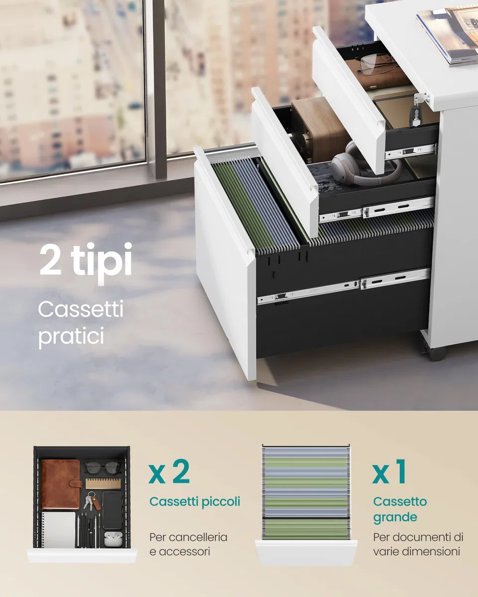 SONGMICS Mobile per Documenti a 3 Cassetti, Cassettiera da Ufficio in Metallo, Acciaio, 3 Cassetti con Serratura, Supporto con Ruote per Stampante, 39 x 50 x 62 cm, Bianco Opaco OFC033W101