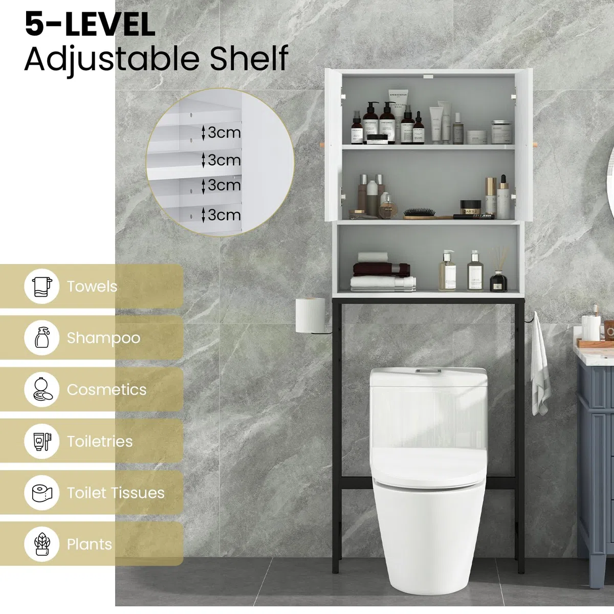 LIFEZEAL Mobile sopra il WC Mensola indipendente per bagno con 2 porte, armadio da pavimento con ripiani regolabili e 2 ganci laterali, organizer sopra WC per lavanderia (bianco)