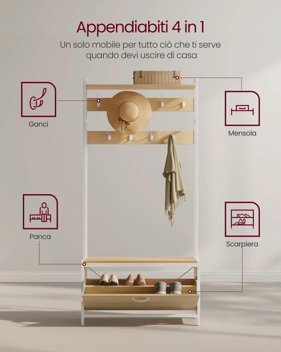 VASAGLE Appendiabiti con Scarpiera a Ribalta, Mobile da Ingresso, con Panca, 9 Ganci e Mensola Superiore, per Corridoio Camera da Letto, Stile Moderno, Rovere e Bianco HSR405W09
