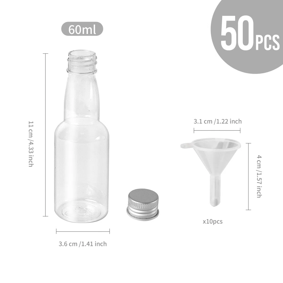 Confezione da 50 mini bottiglie per liquore, 60 ml di plastica con tappo a vite, riutilizzabili piccole bottiglie di liquore per matrimoni, feste, viaggi