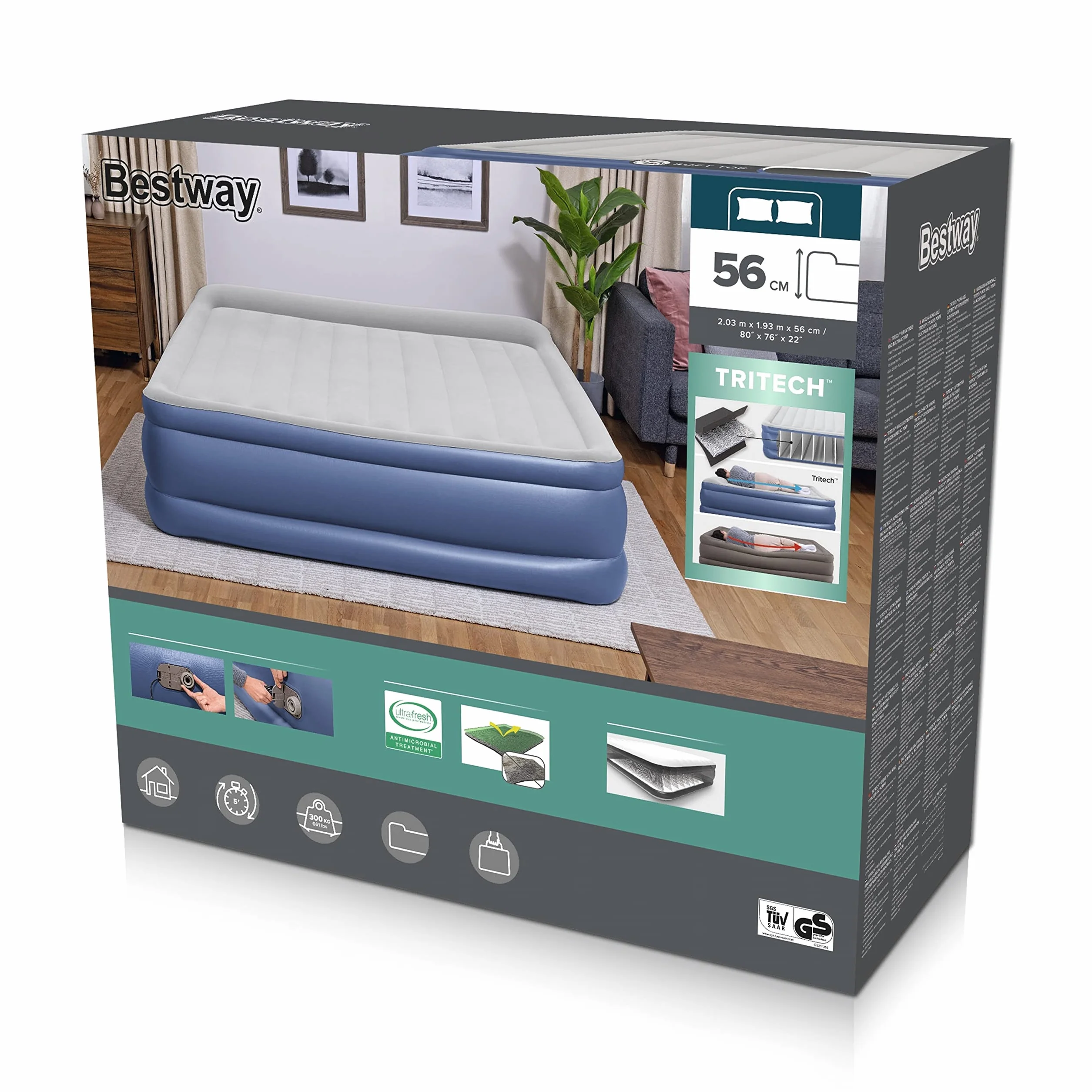 Bestway 80" x 76" x 22"/2.03m x 1.93m x 56 cm Tritech Air Mattress King Built-in AC Pump