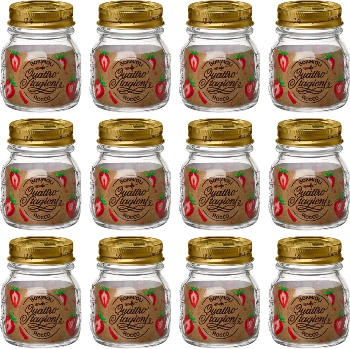 Bormioli Rocco Vasetti per marmellata Quattro Stagioni 250 ml (con coperchio a vite ø 70 mm, Vasetto per marmellata, Set di 12 vasetti) 58281