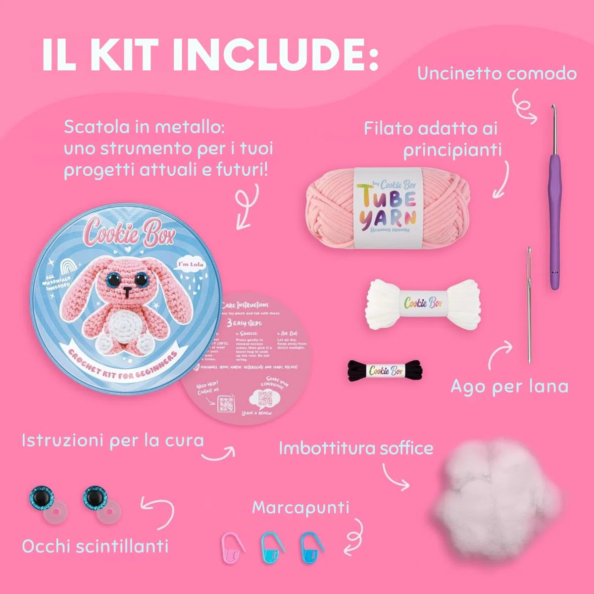 Cookie Box Kit Uncinetto per Principianti – Realizza un Amigurumi Fai-da-Te con Filato, Uncinetto, Imbottitura, PDF & Video – Regalo per Adolescenti e Adulti – Bunny Lola