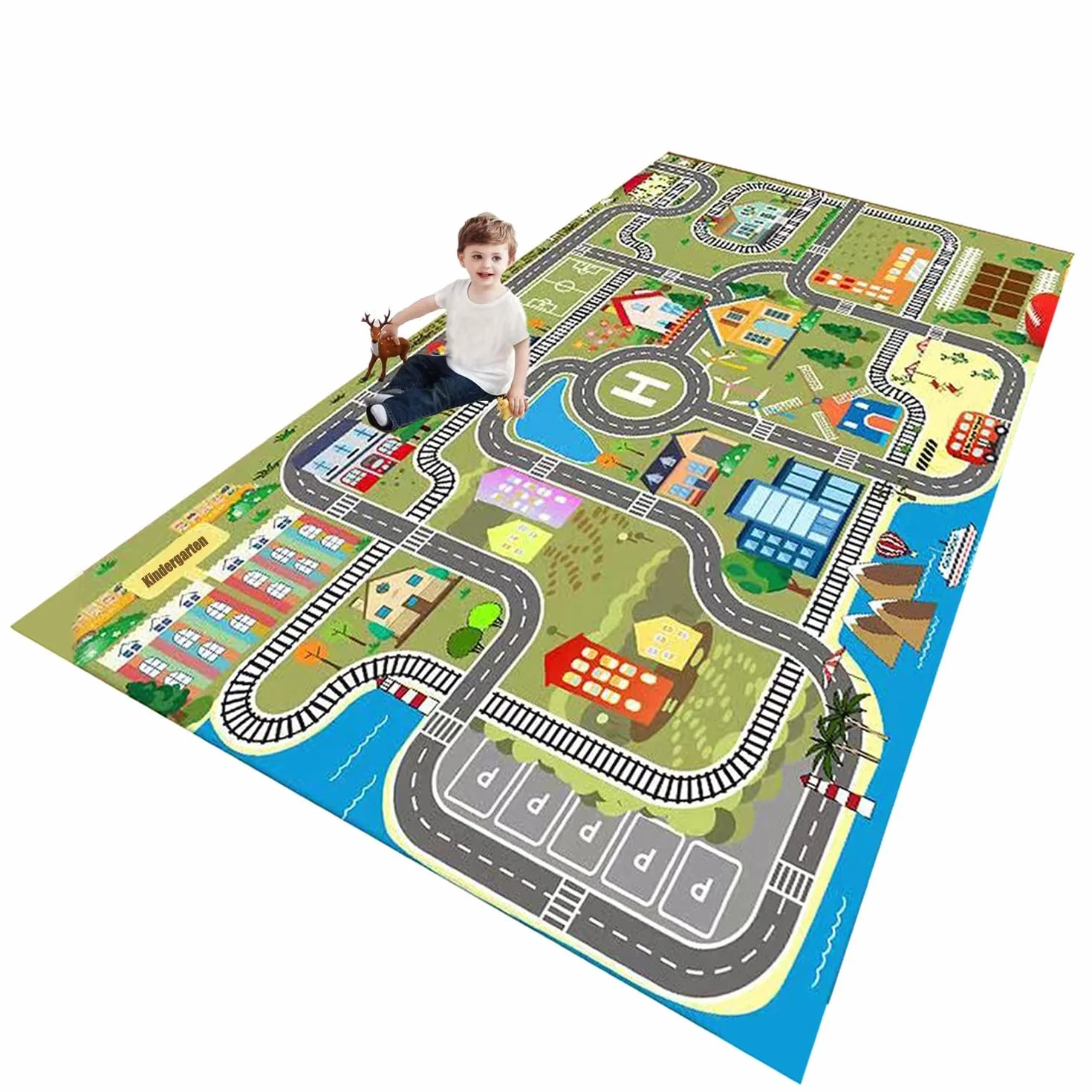 Tappeto Macchinine per Bambini, Gioco per la Camera, Con Strade, per Ragazze e Ragazzi, Antiscivolo e Lavabile (B,120X180CM)