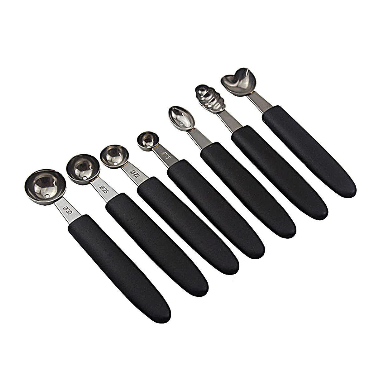 Set di 7 Palette per Scavino per Melone, Scavatrice per Scavino in Acciaio Inossidabile con Manico in Gomma Facile da Impugnare, Paletta per Gelato e Anguria, Gadget da Cucina per Tagliare la(Nero)